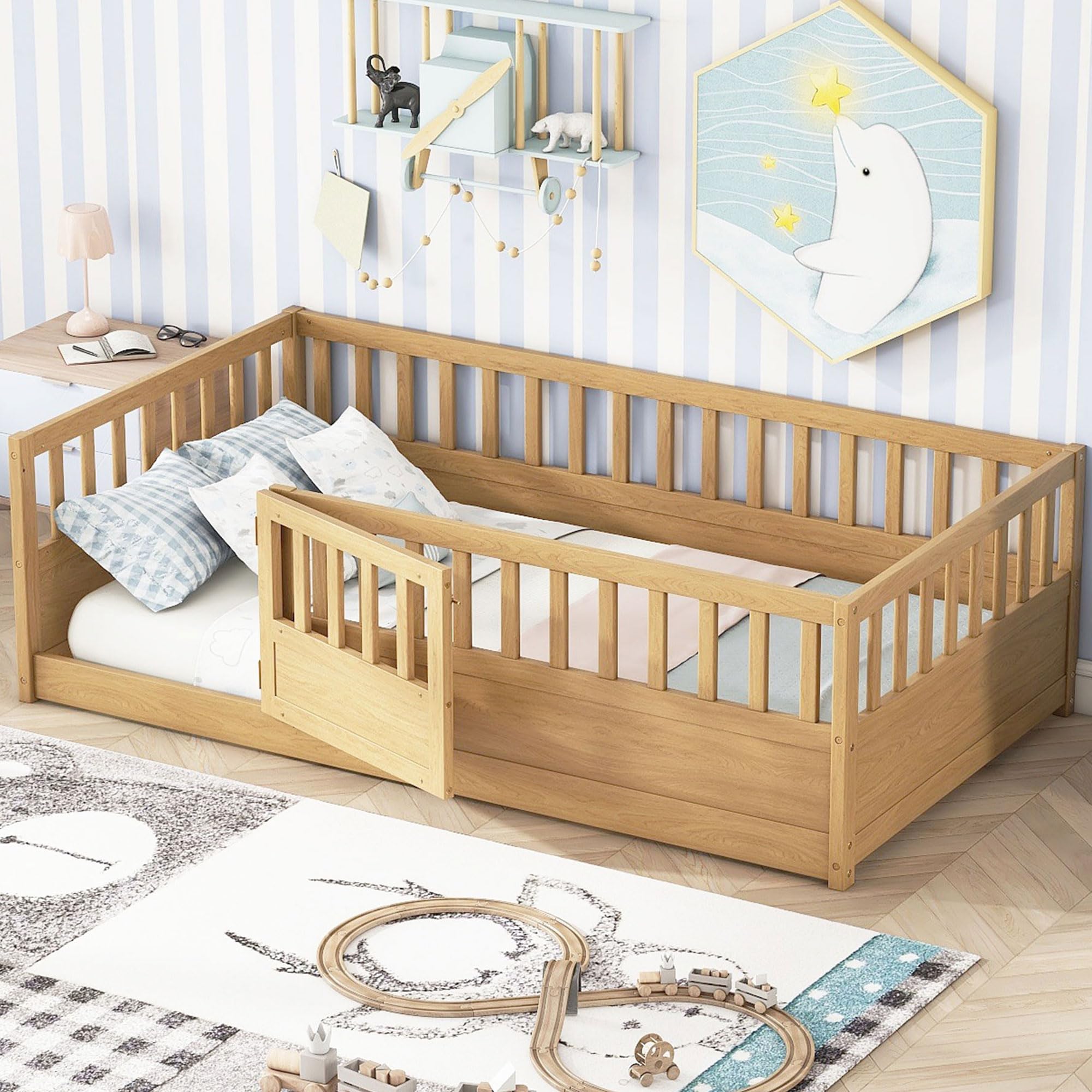 Twin Montessori Floor Bed with High Fence and Door