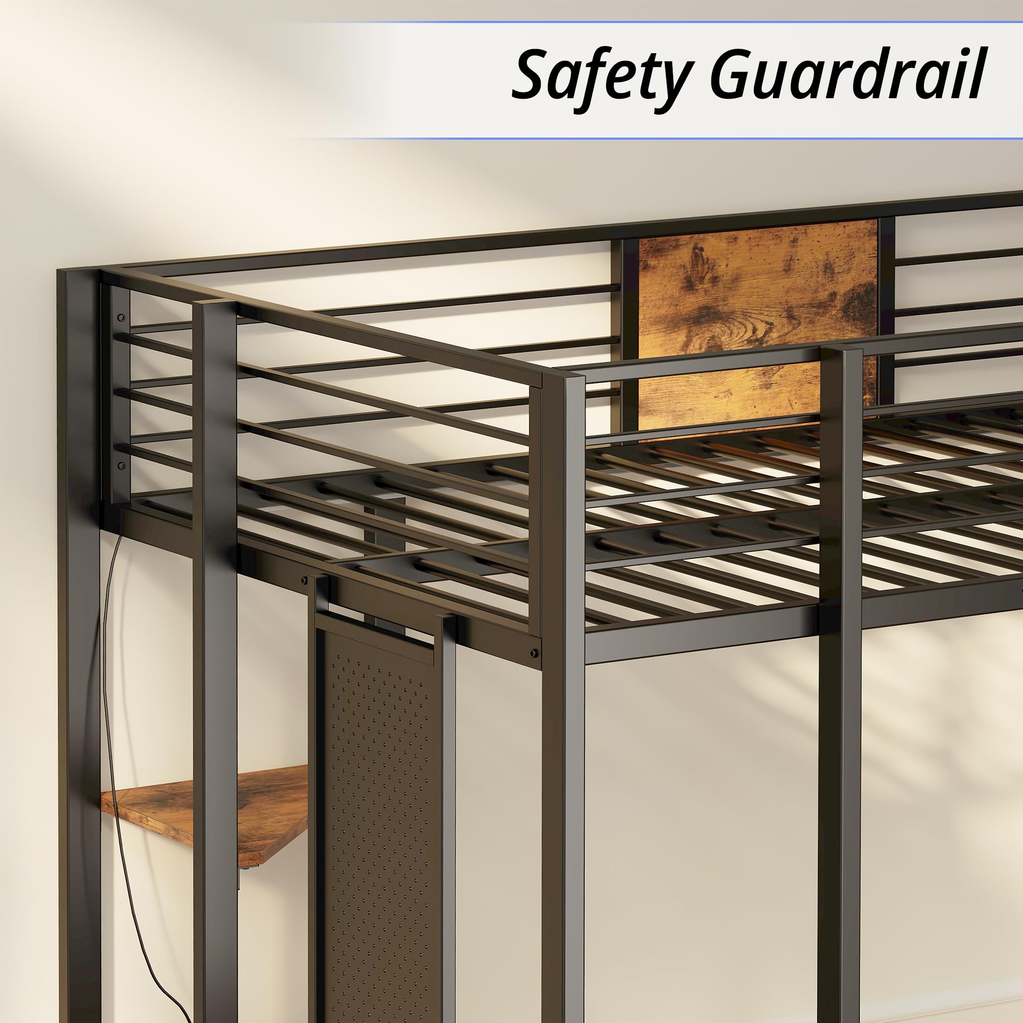 Twin Metal Loft Bed with Desk and Shelves