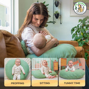 Dr. Mama's Organics Nursing Pillow with Lumbar Support - Ergonomic Design Helps Relieve Back Pain and Arm Fatigue - for Bottle and Breastfeeding - Removable Organic Cotton Cover -Sage