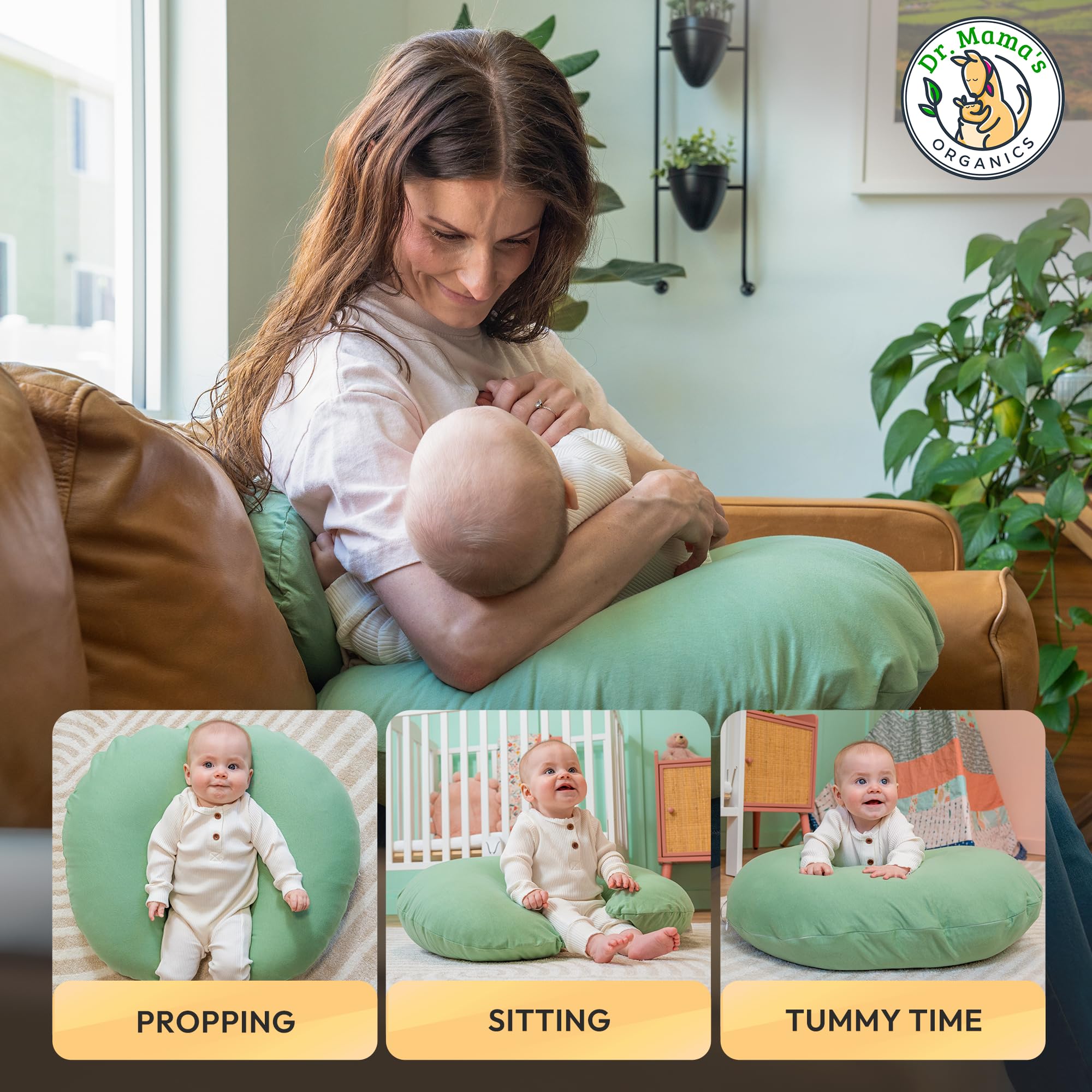Dr. Mama's Organics Nursing Pillow with Lumbar Support - Ergonomic Design Helps Relieve Back Pain and Arm Fatigue - for Bottle and Breastfeeding - Removable Organic Cotton Cover -Sage