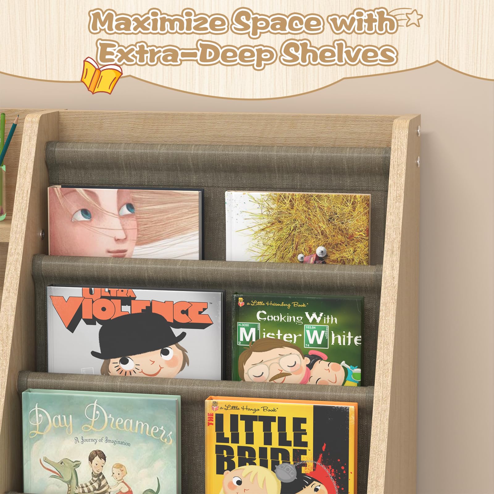 Montessori Kids Bookshelf with Toy Storage