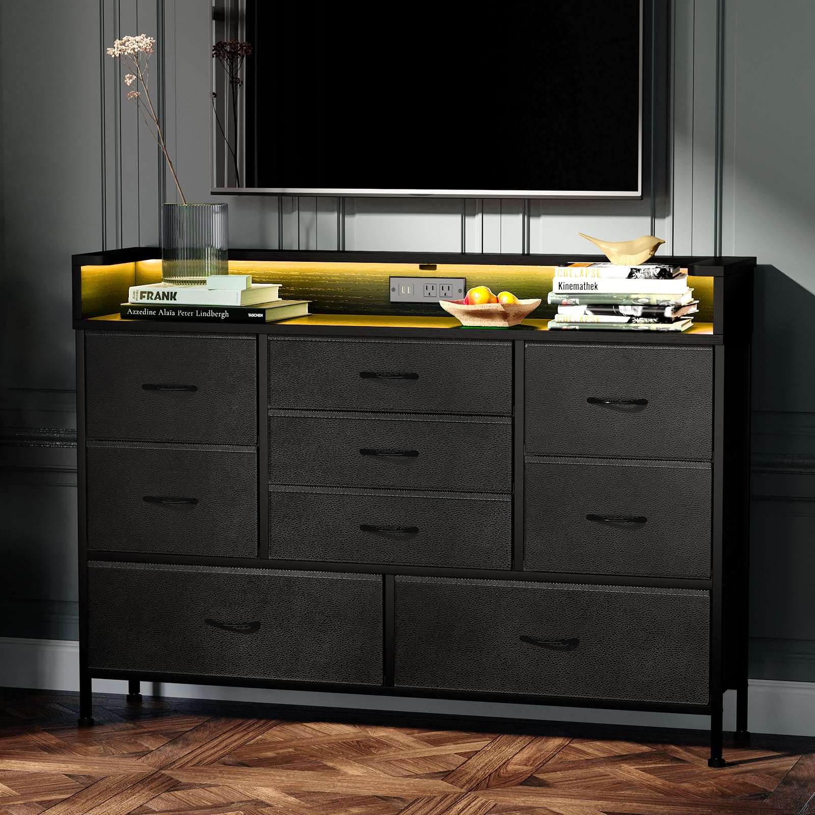 Black Dresser with Charging Station and LED Lights