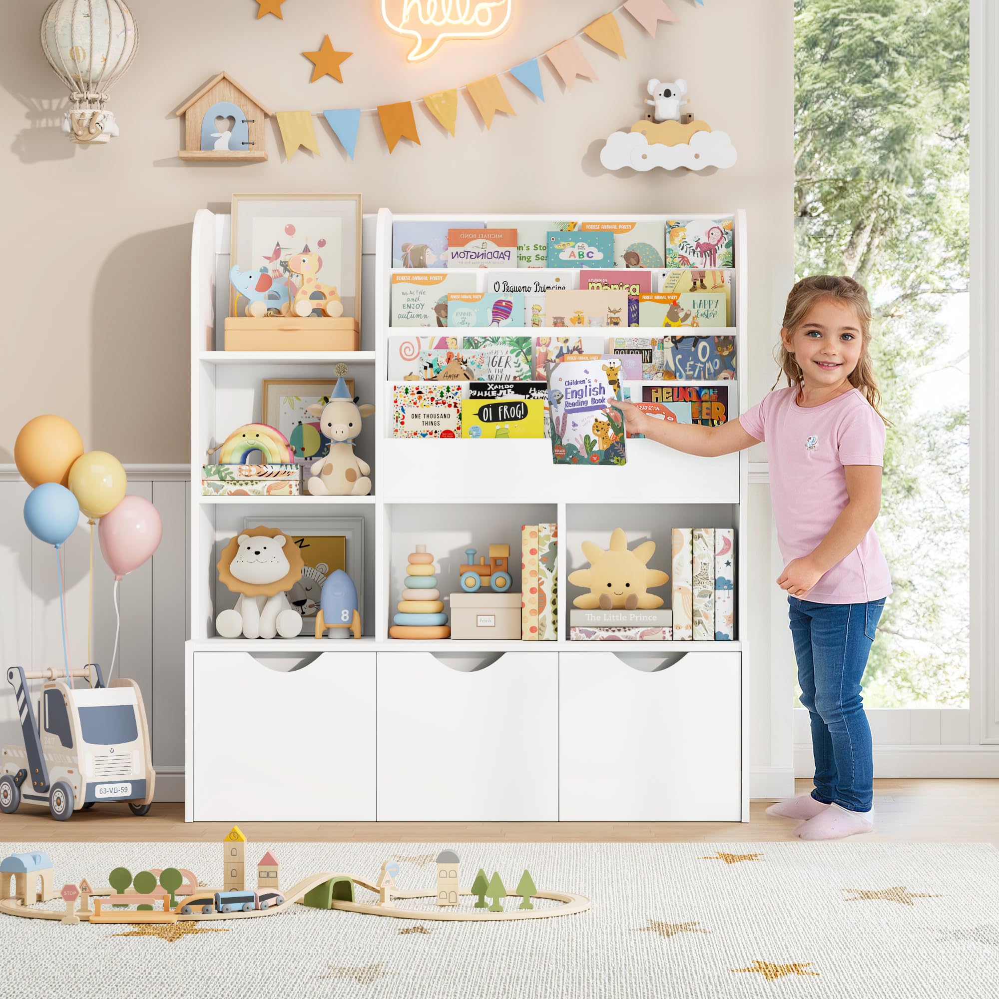 Kids Bookcase with Storage Cubbies and Drawers