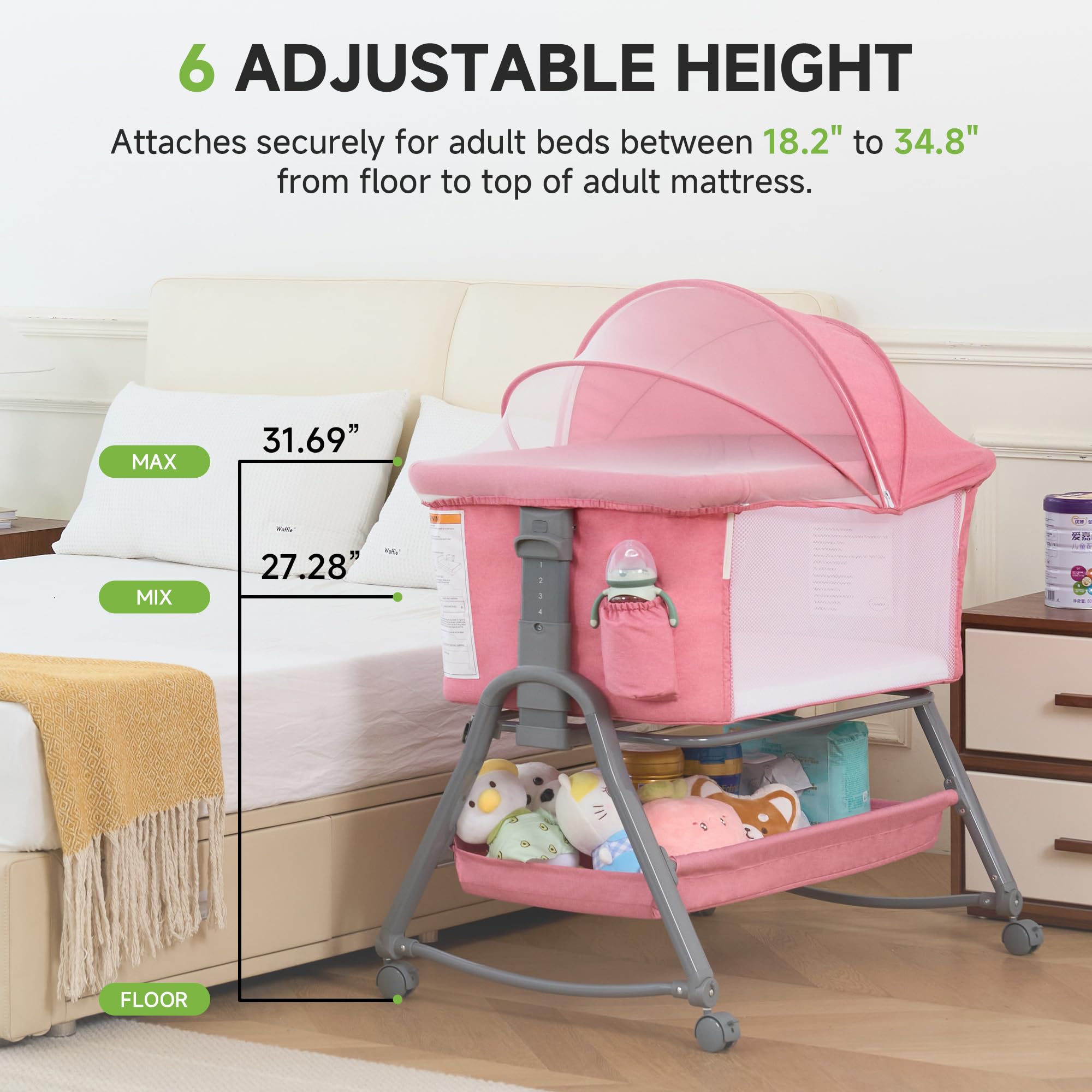 3-in-1 Bedside Bassinet with Adjustable Height and Mosquito Net