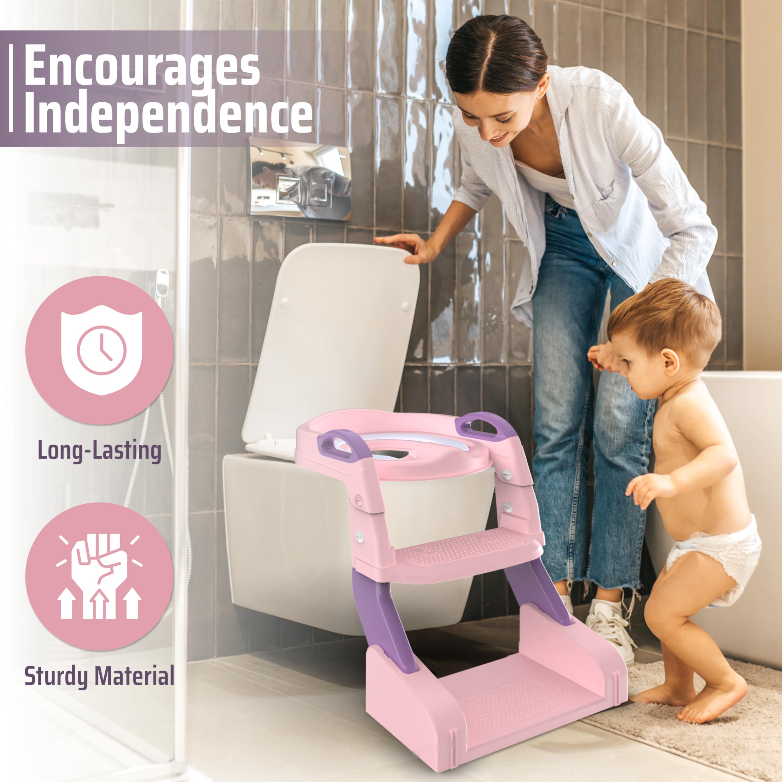 3-in-1 Toddler Potty Training Toilet with Ladder, Easy Assembly, Collapsible Potty Training Seat, Anti-slip Foldable Toddler Toilet Seat with Adjustable Step Stool For Kids Boys And Girls (Pink)