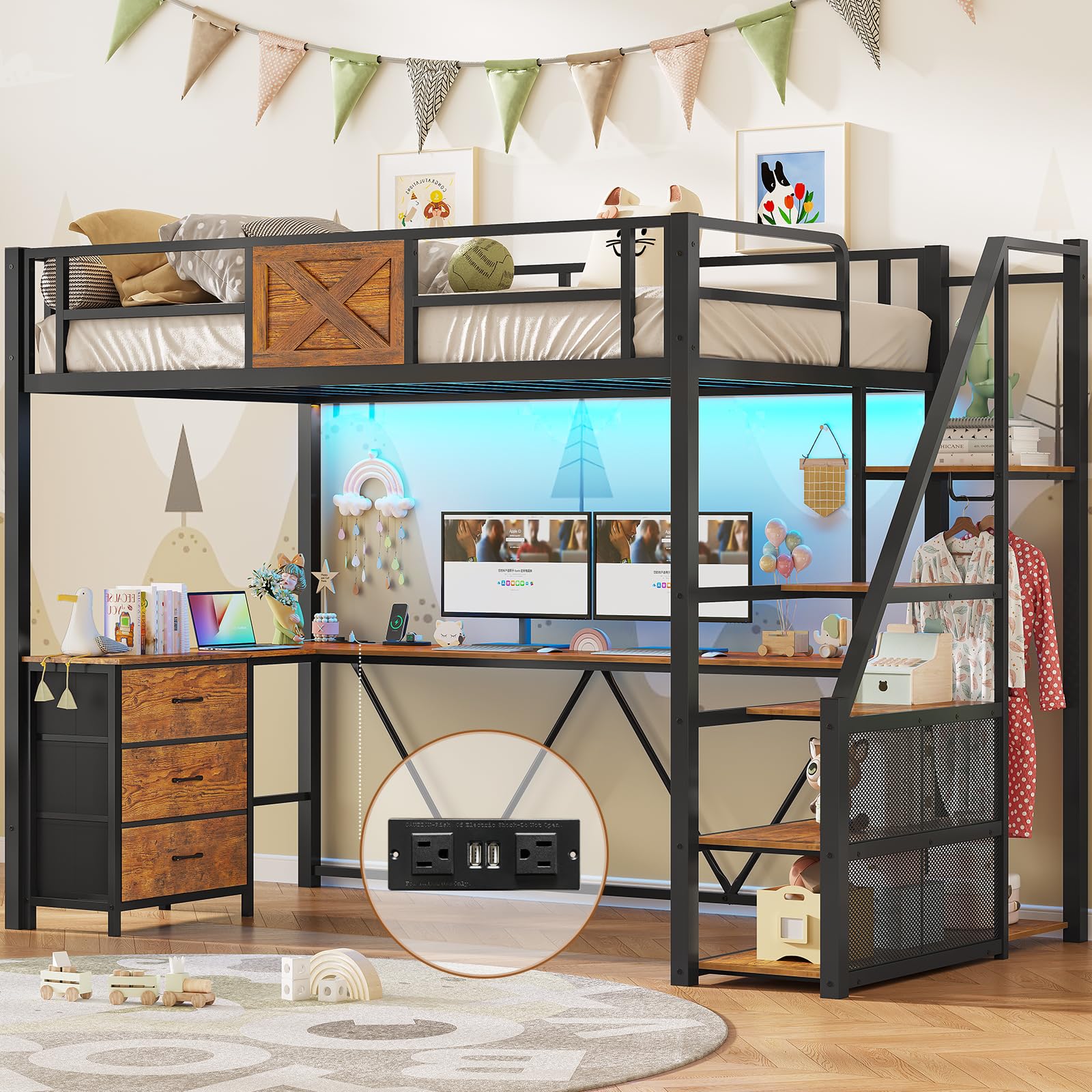 Stairway Twin Size Loft Bed with L Shaped Desk and Wardrobe
