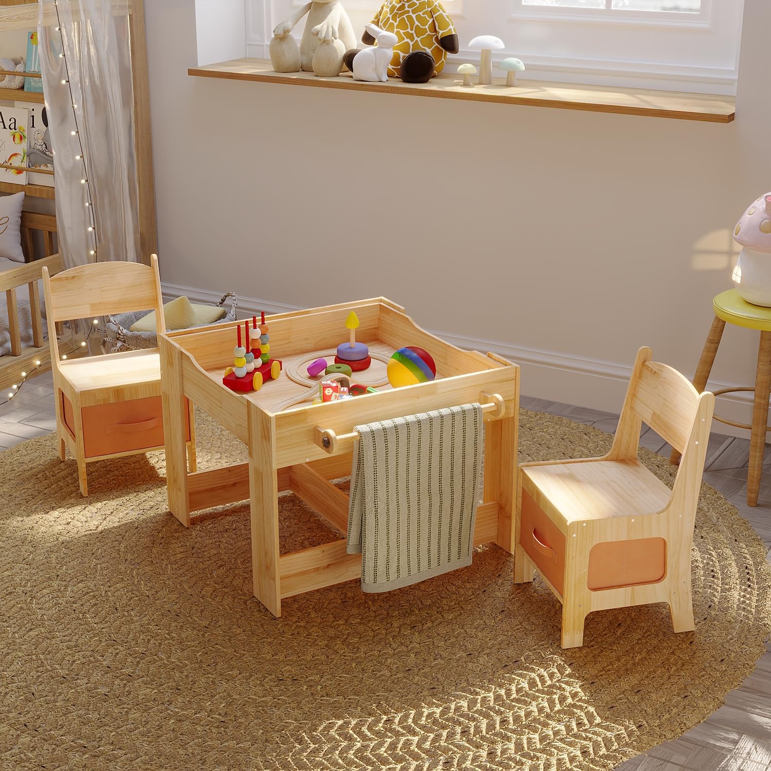 Solid Wood Kids Table and Chair Set with Storage