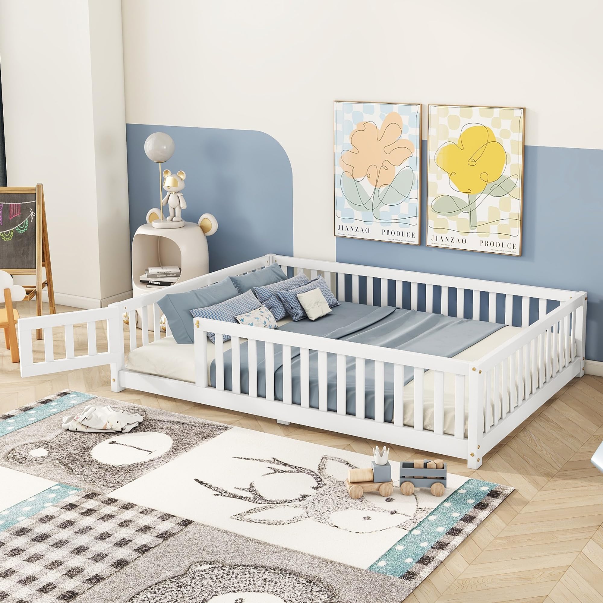 Full Size Montessori Floor Bed with Fence and Door