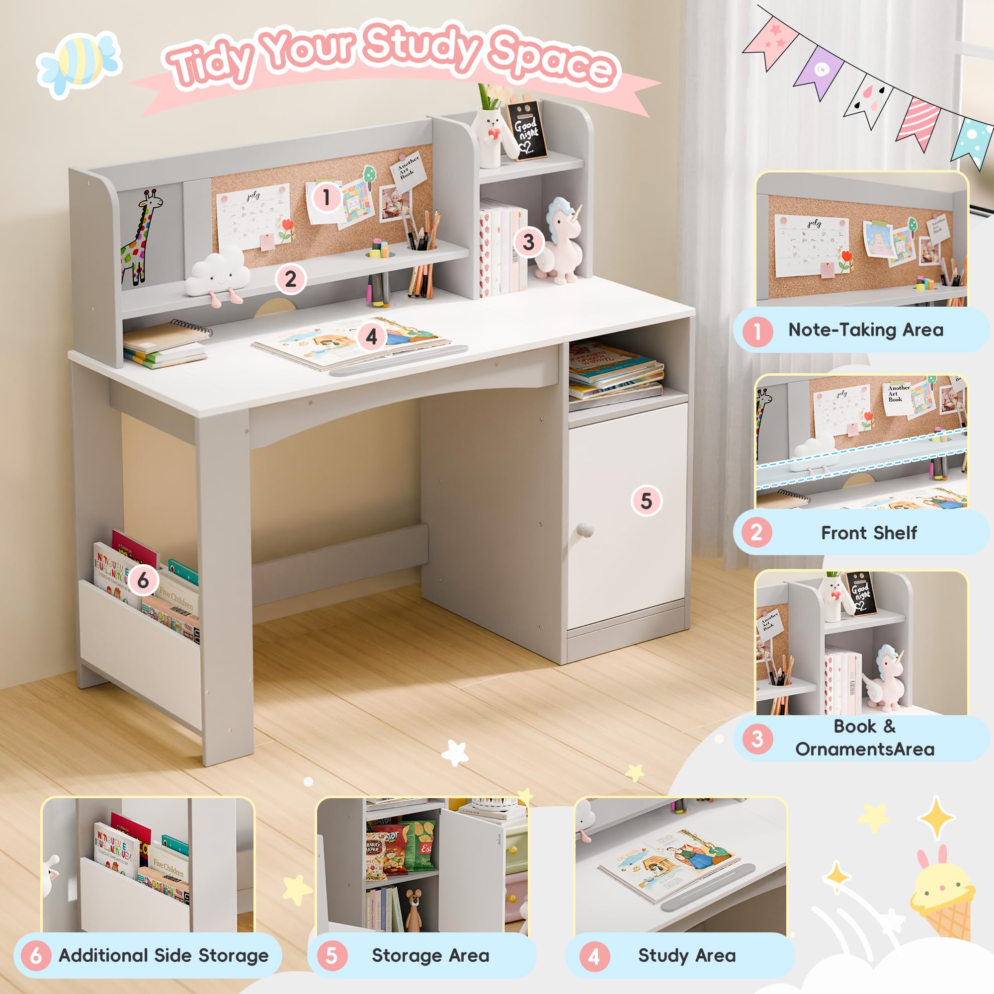 Kids Study Desk with Chair Tiltable Desktop Storage Cabinet