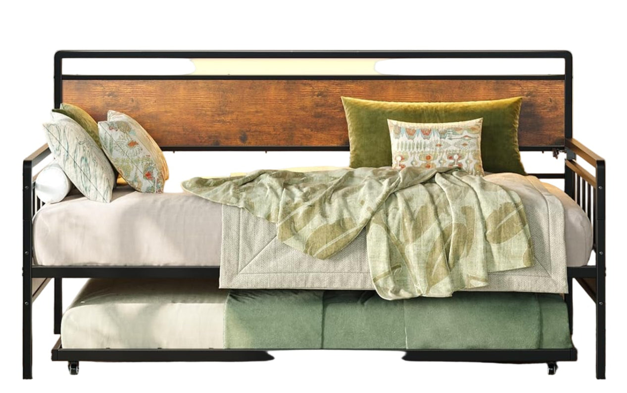 Twin Daybed with Trundle with Charging Station and LED Lights