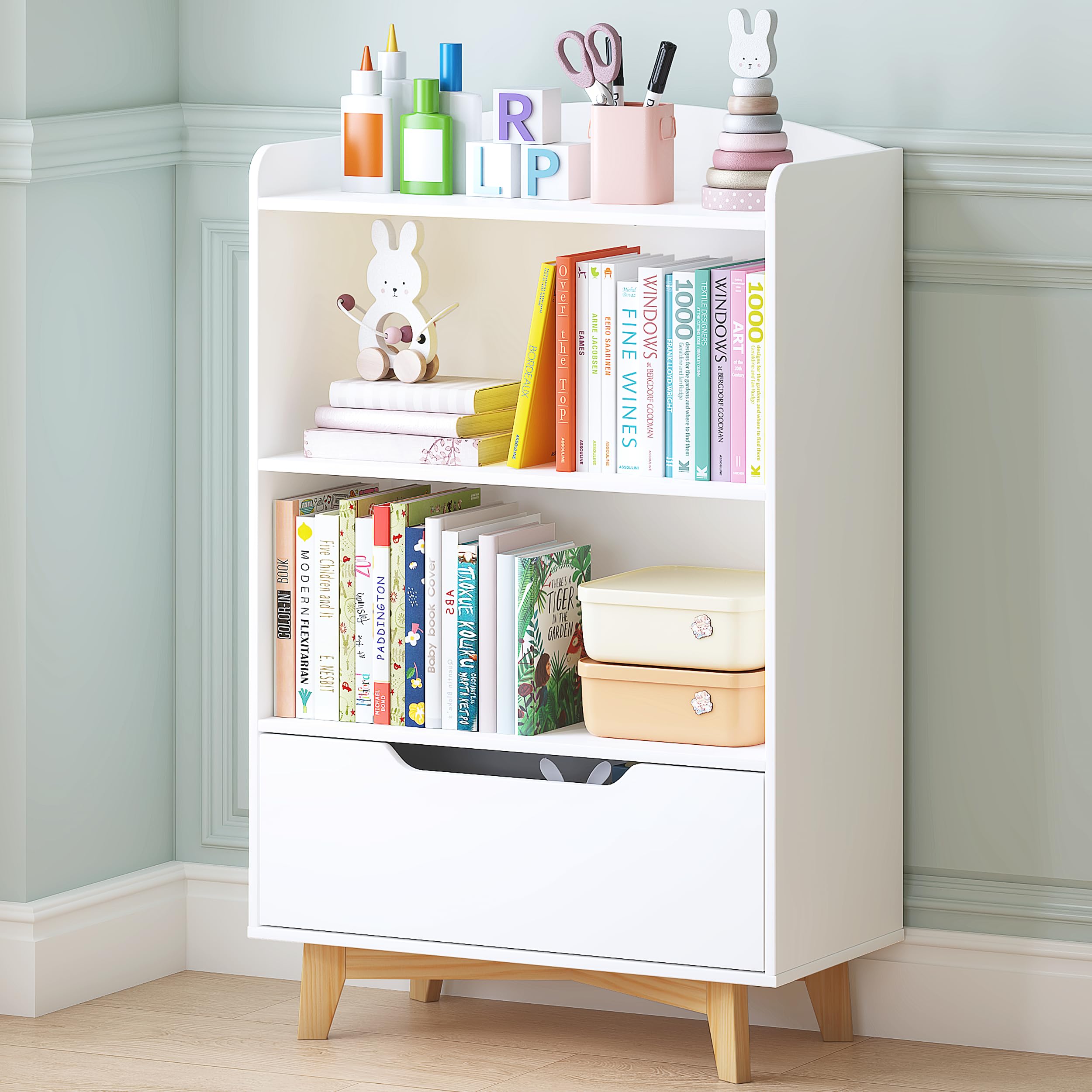 Kids Bookshelf with Storage Drawer White Wood