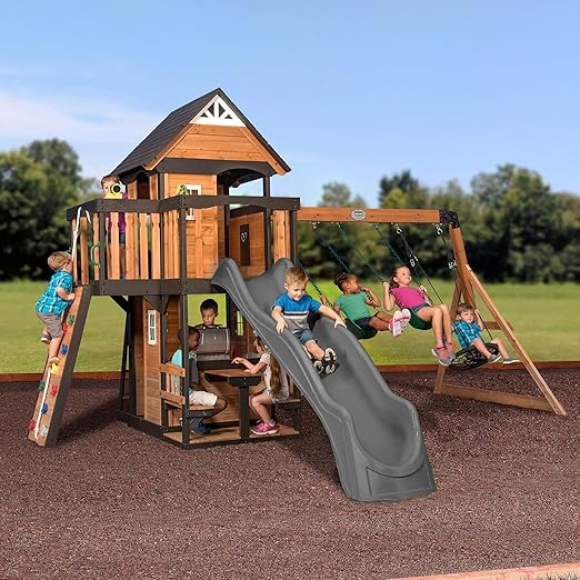 Canyon Creek White Cedar Wood Swing Set with Wave Slide