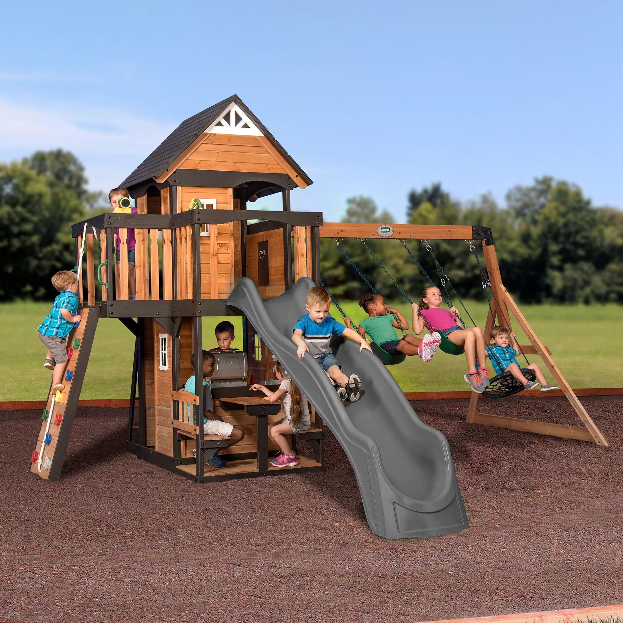 Cedar Wood Swing Set with Wave Slide, Clubhouse, Rock Wall, and Picnic Area for Kids Ages 3-10