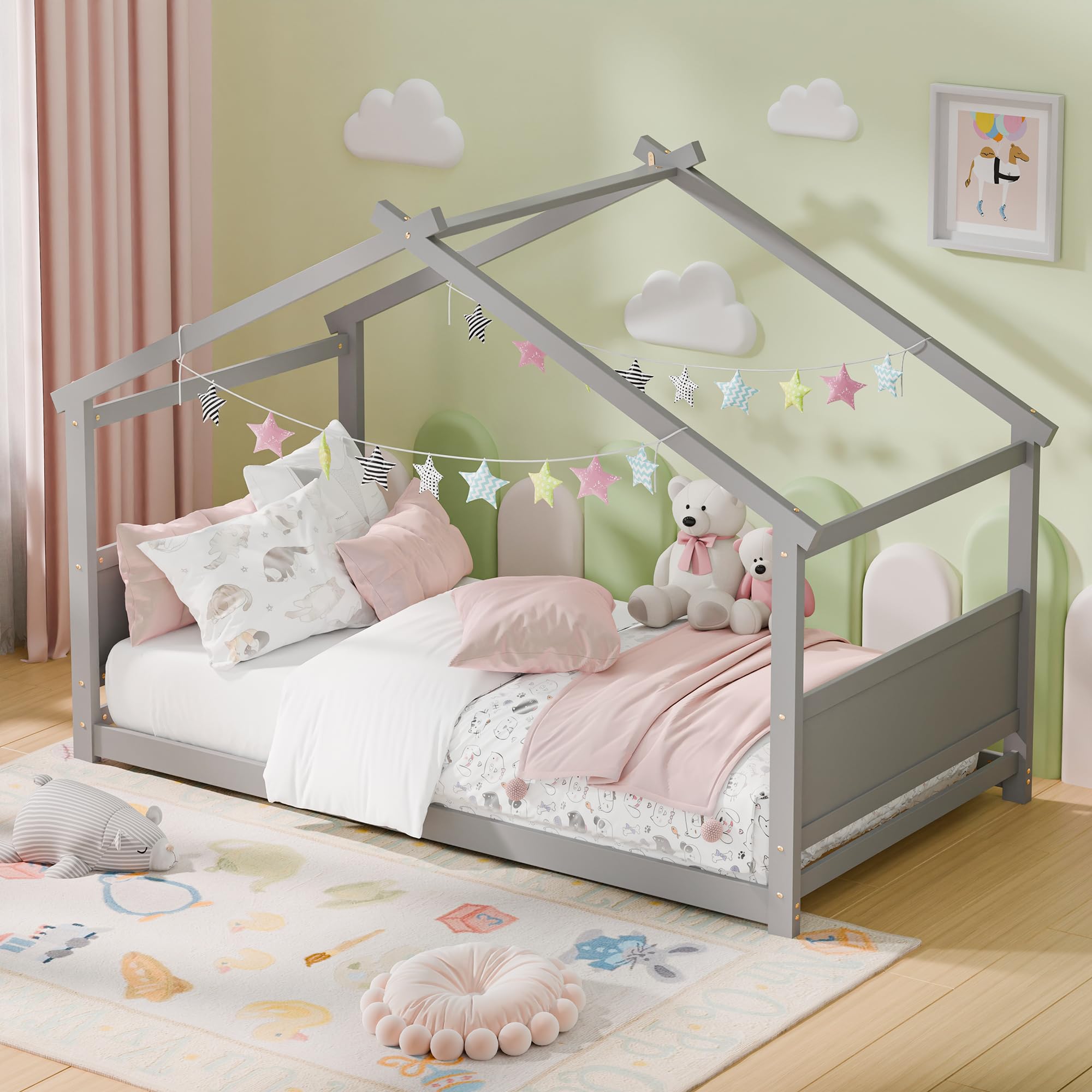 Twin House Bed, Montessori Floor Bed with Headboard & Footboard, Solid Wood Bed Frame