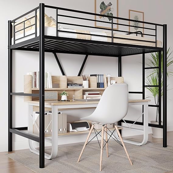 Twin Size Loft Bed with Full-Length Guardrails and Removable Ladder