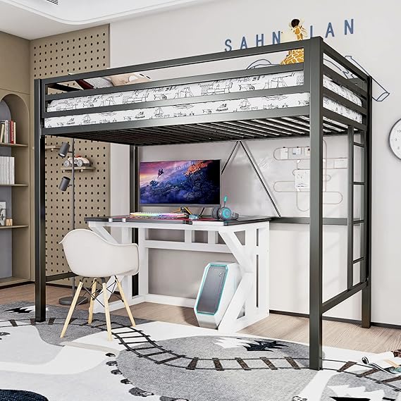 Metal Loft Bed Twin Size with Safety Guardrail and Ladder