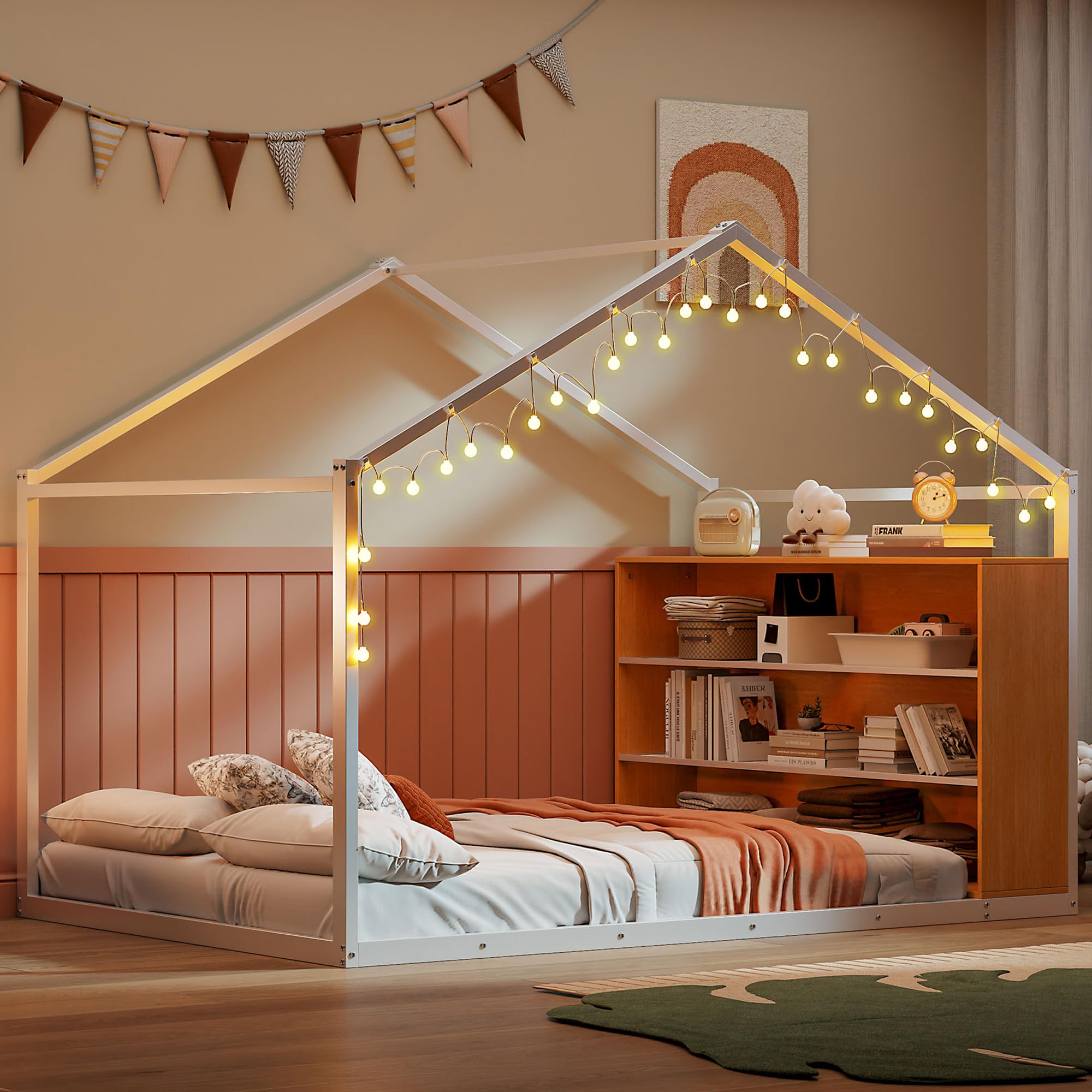 Montessori Floor Bed with Storage Shelf, LED Lights