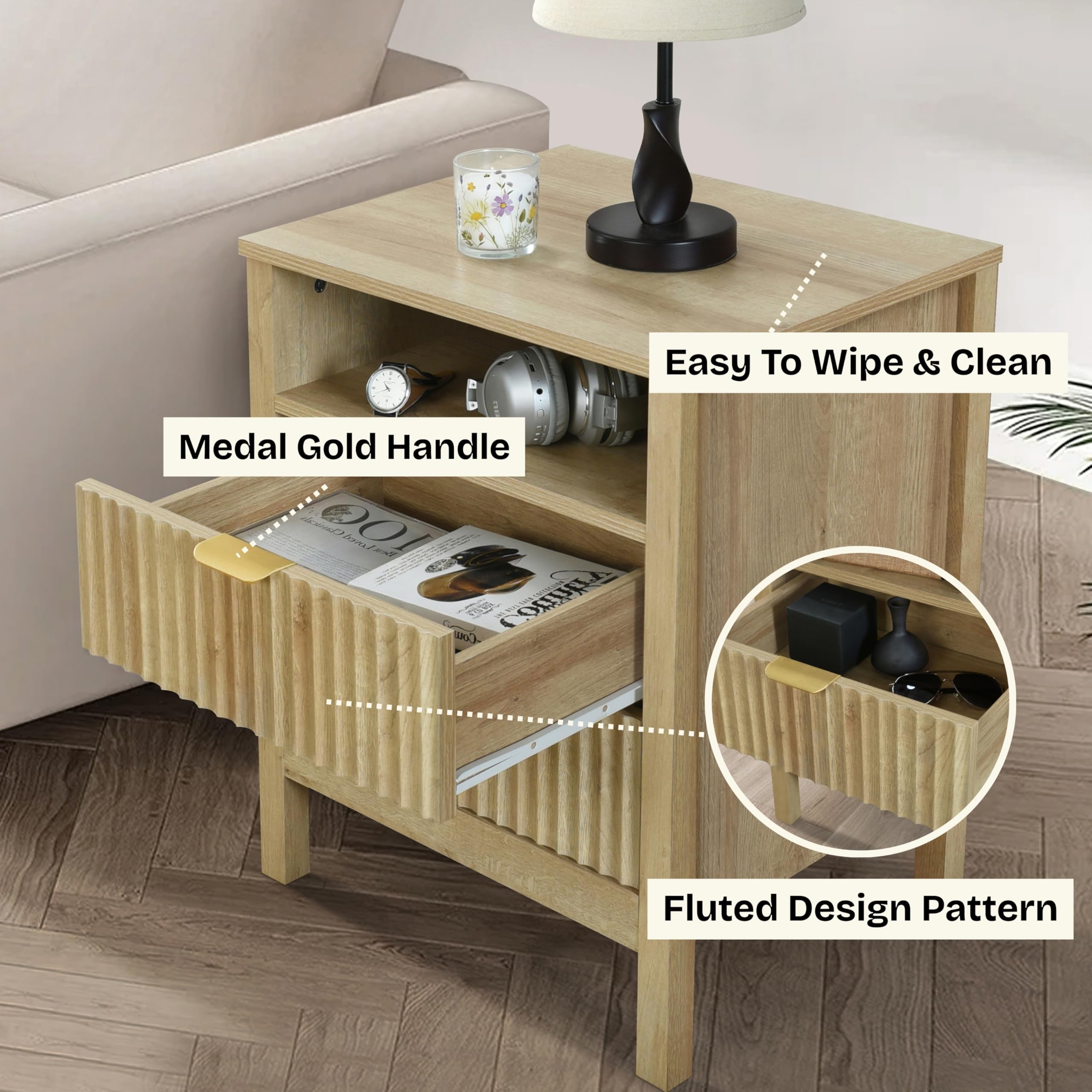 Fluted 2-Drawer Nightstand Set of 2 with Storage