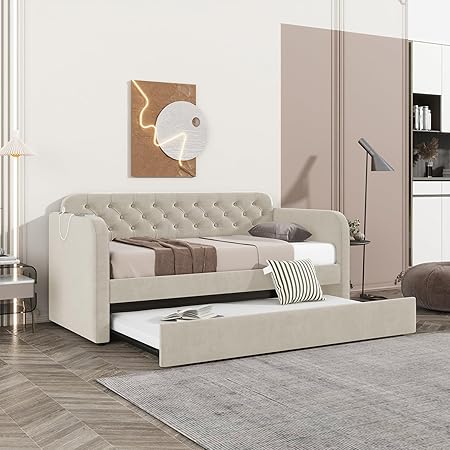 Daybed with Trundle, Velvet Upholstered Twin Size Day Bed