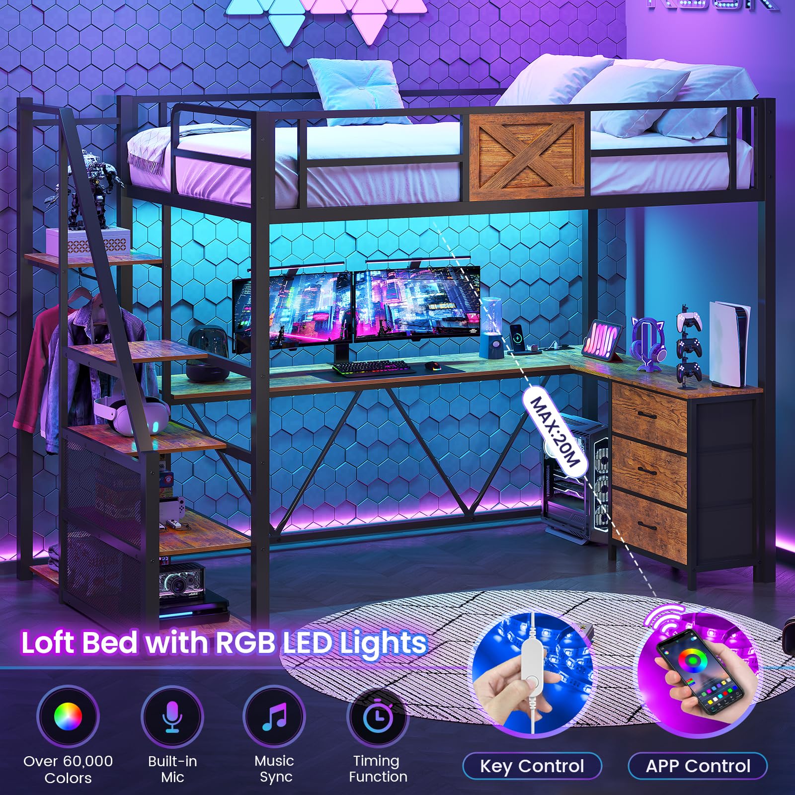 Stairway Twin Size Loft Bed with L Shaped Desk and Wardrobe