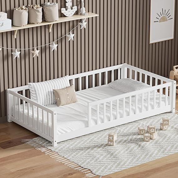 Twin Floor Bed for Kids Solid Wood Montessori Bed Frame