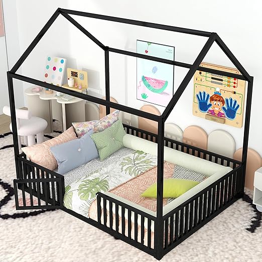 Full Floor Bed with Door, Fence and Roof, Heavy Duty Metal Montessori Bed Full Size
