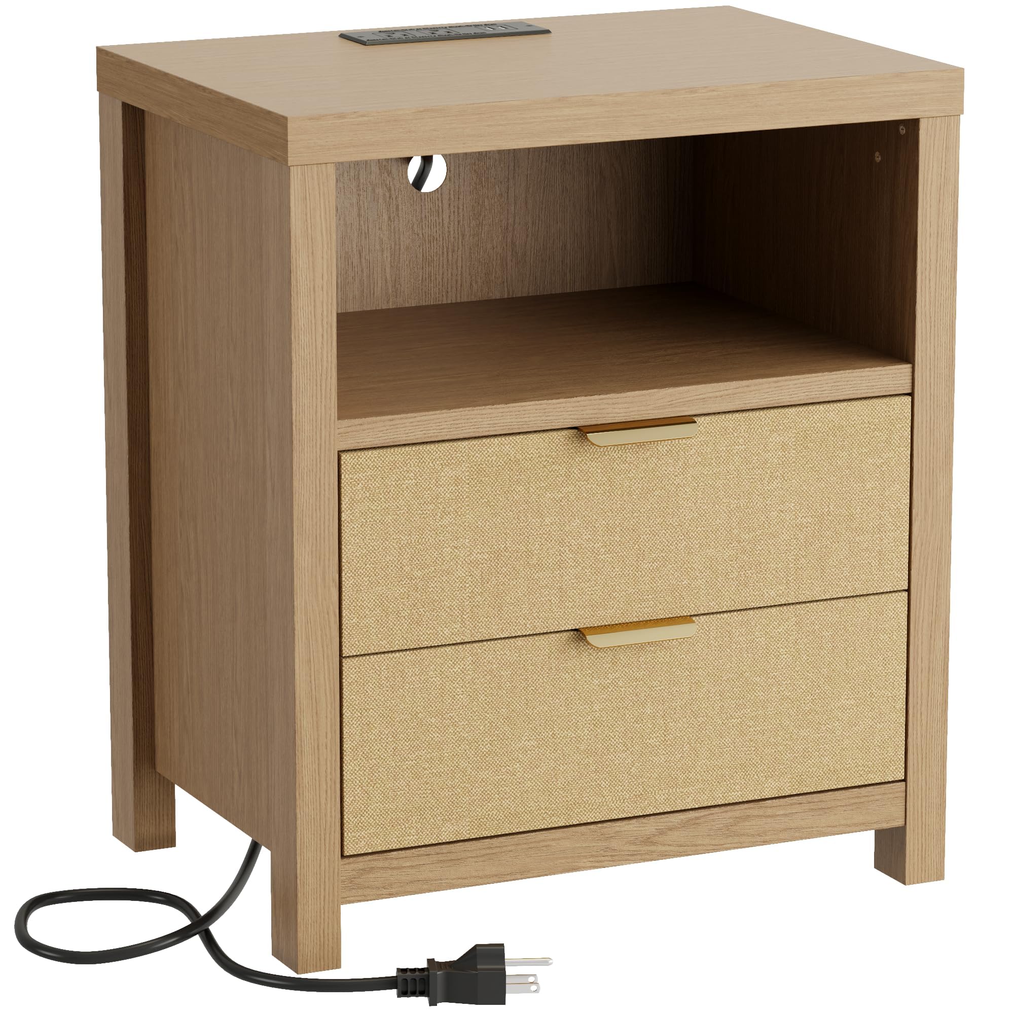 Rattan Nightstand with Charging Station and Storage Drawers