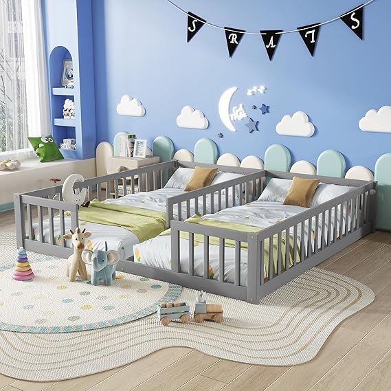 Floor Bed for 2 Kids, Montessori Bed Frame with Fence Railings