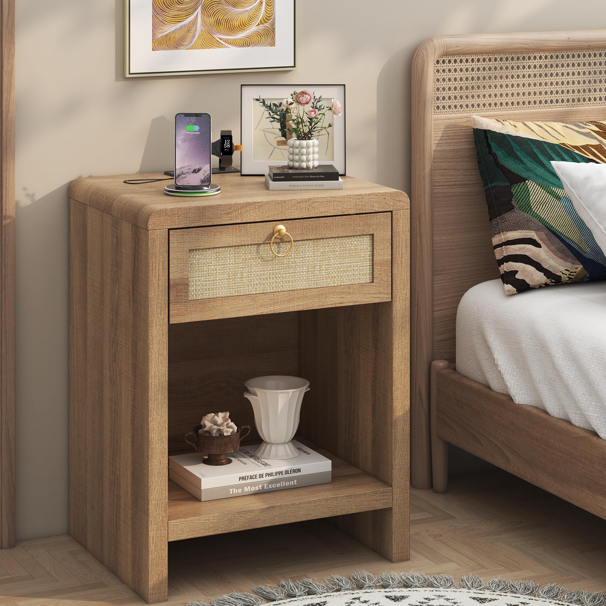 Rattan Nightstand Set with Charging Station