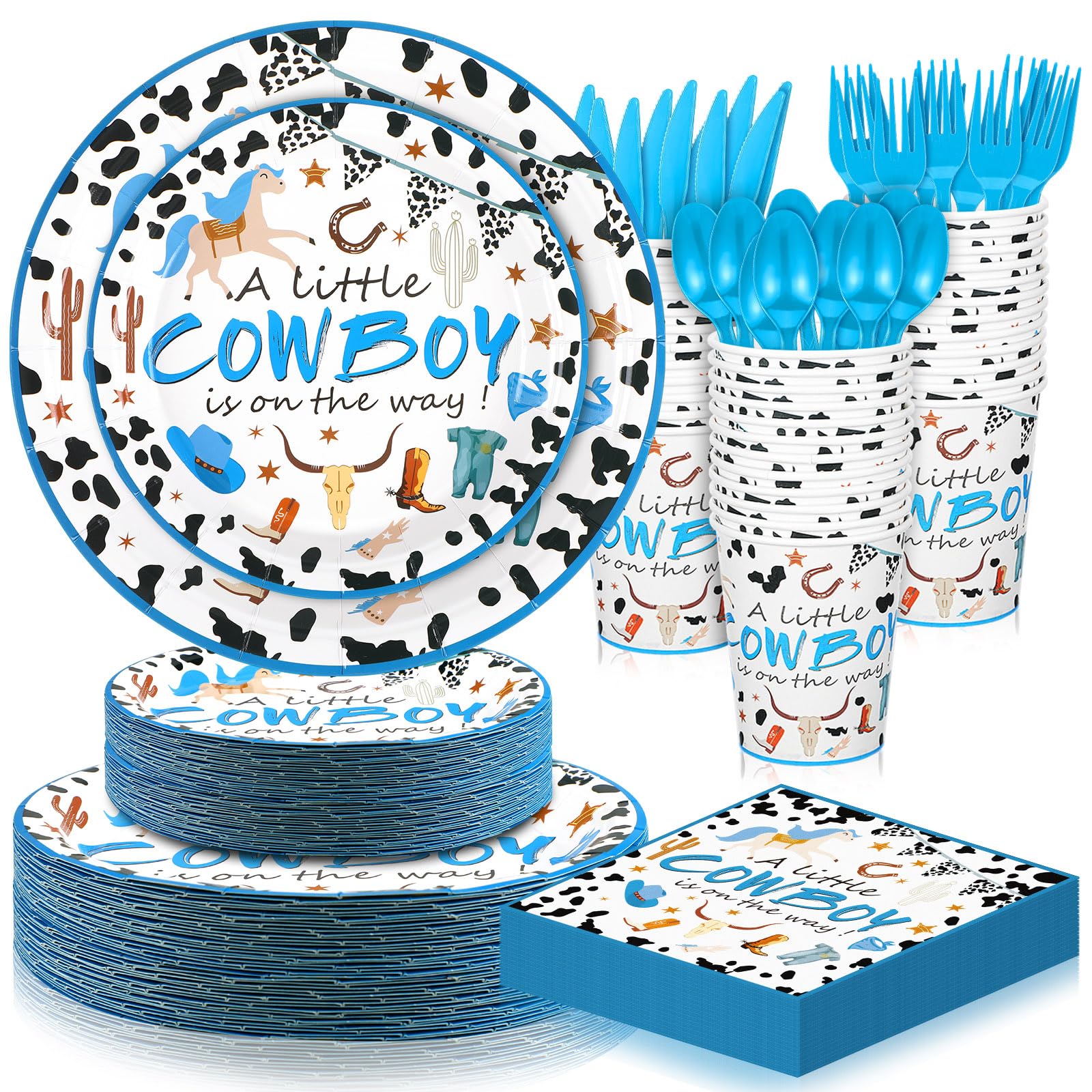 350 Pcs Cowboy Baby Shower Plates and Napkins Party Supplies Wild West a Little Cowboy Is on the Way Theme Tableware Set Western Cow Country Party Dessert Plates Napkins Forks for 50 Guest Baby Shower