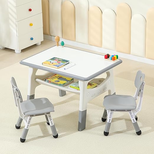 Kids Table and Chairs, Height Adjustable Toddler Table and 2