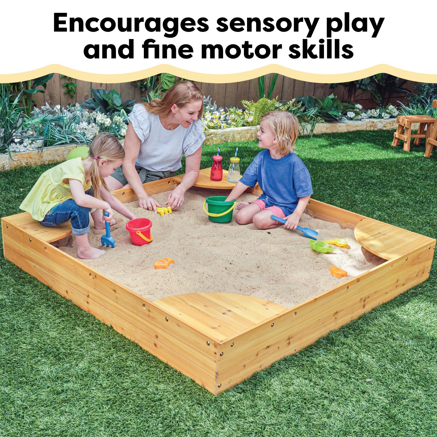 Wooden Backyard Sandbox with Built-in Seating