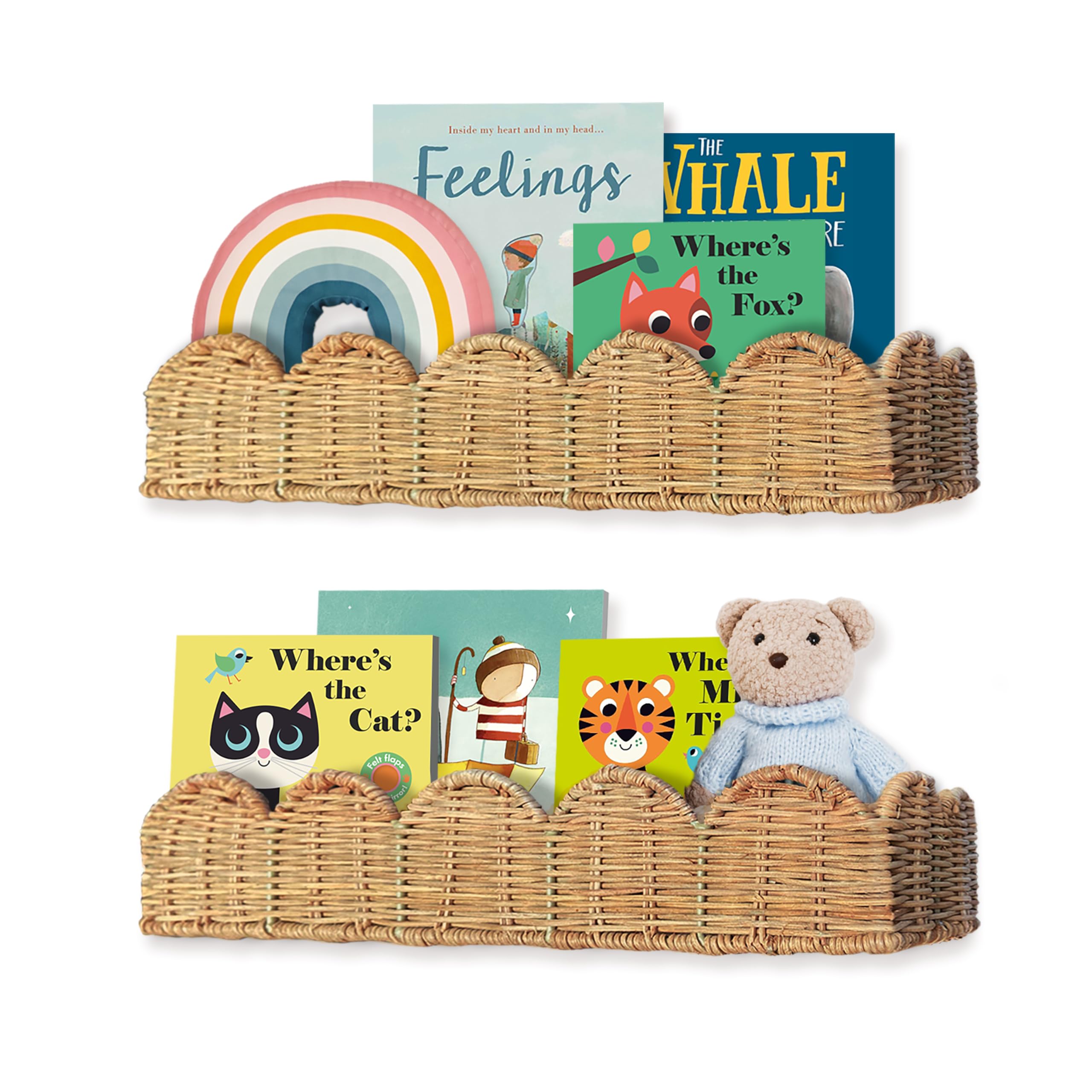 Nursery Book Shelves Set of 2 - Artisanal Natural Rattan Scalloped