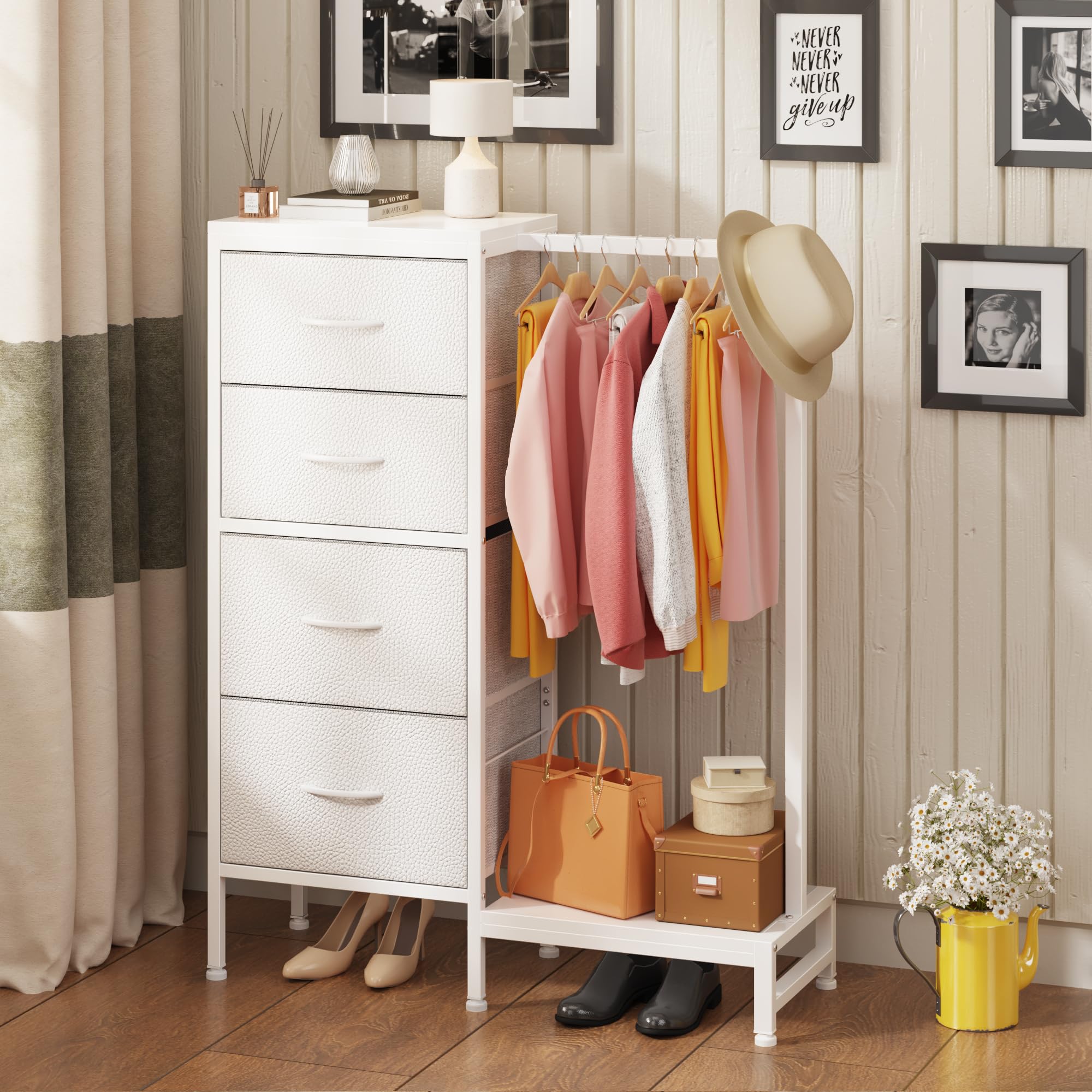 Dresser with Hanging Rack, 4 Drawers Small Closet for Bedroom