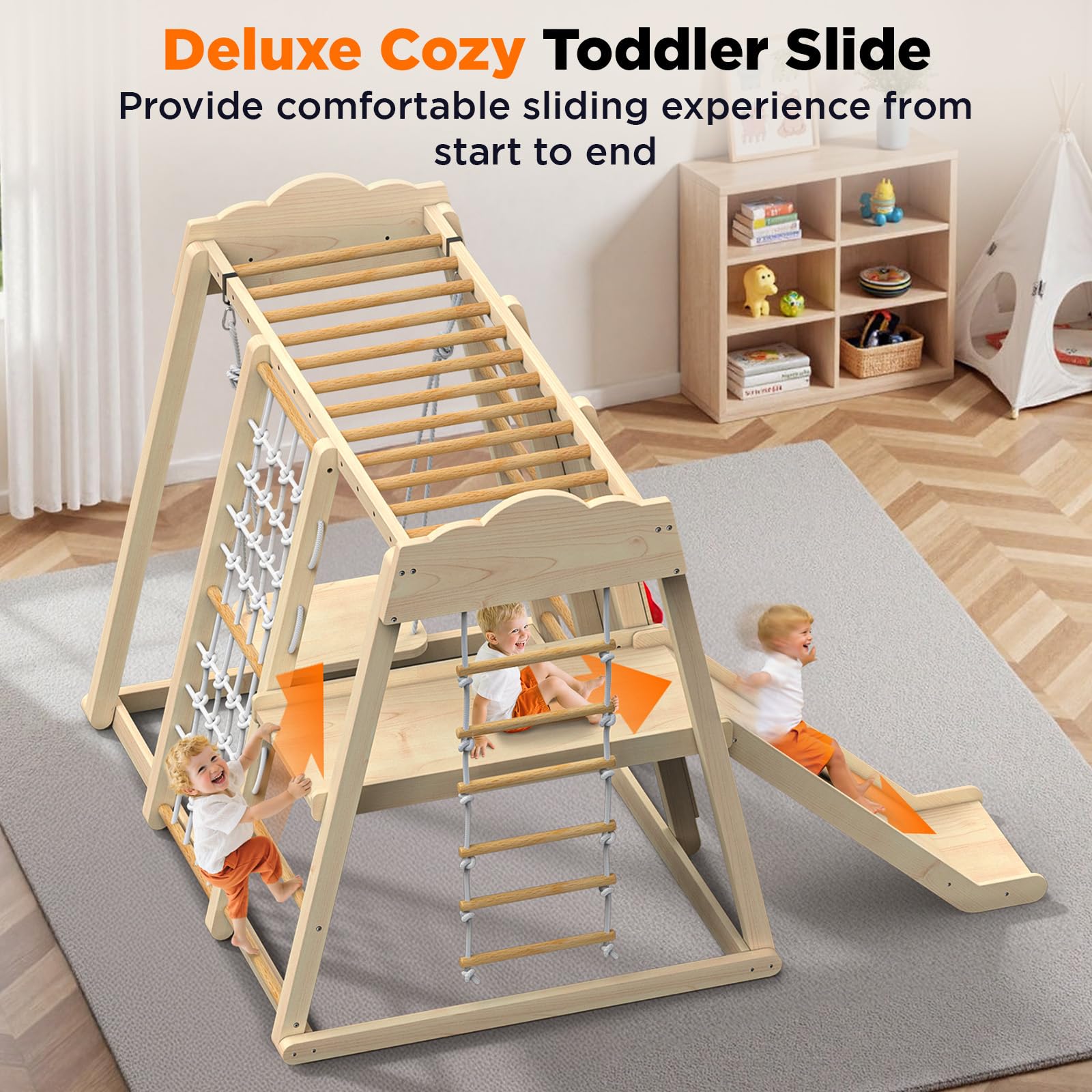 8-in-1 Wooden Indoor Jungle Gym with Swing and Slide