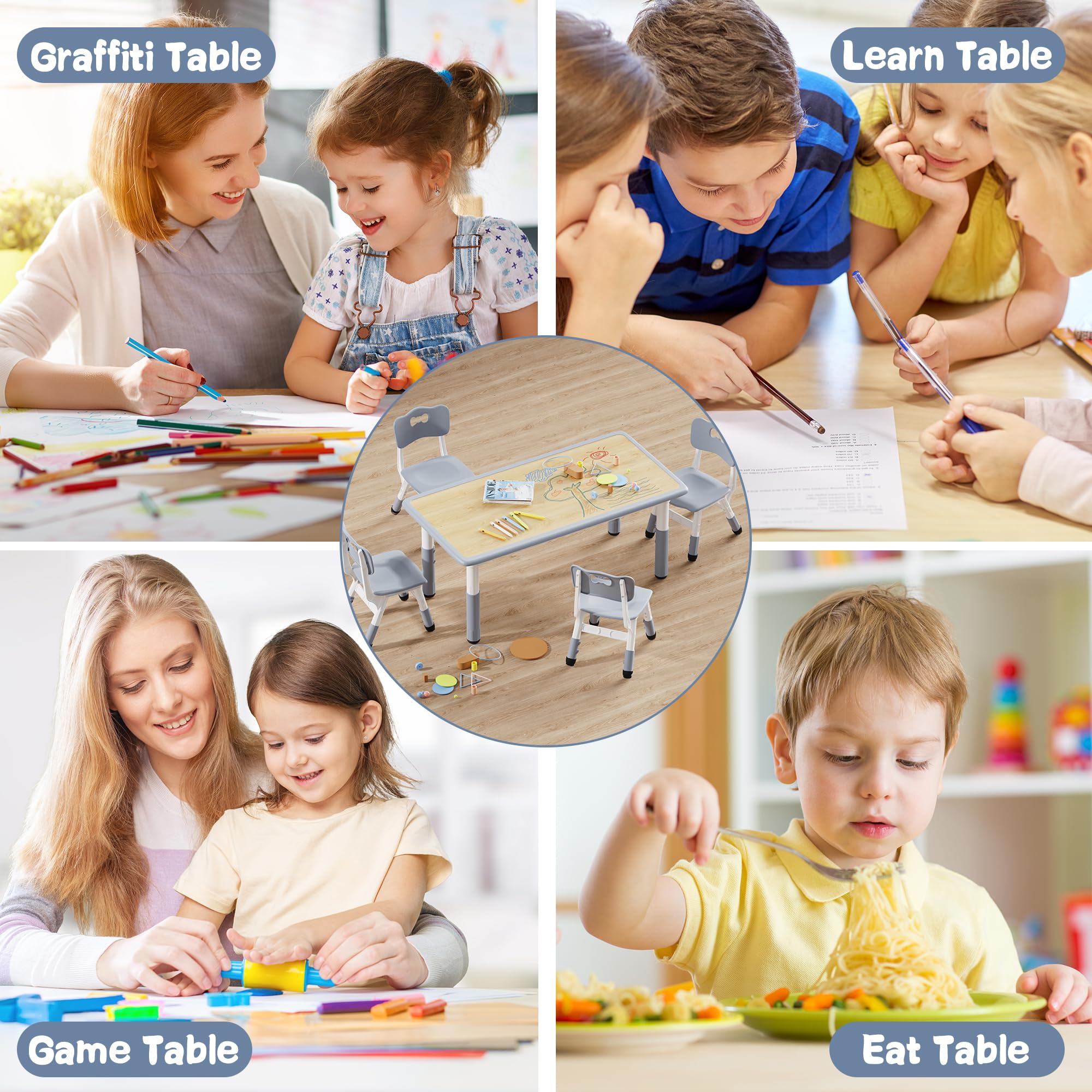 Height Adjustable Kids Table and 4 Chairs Set