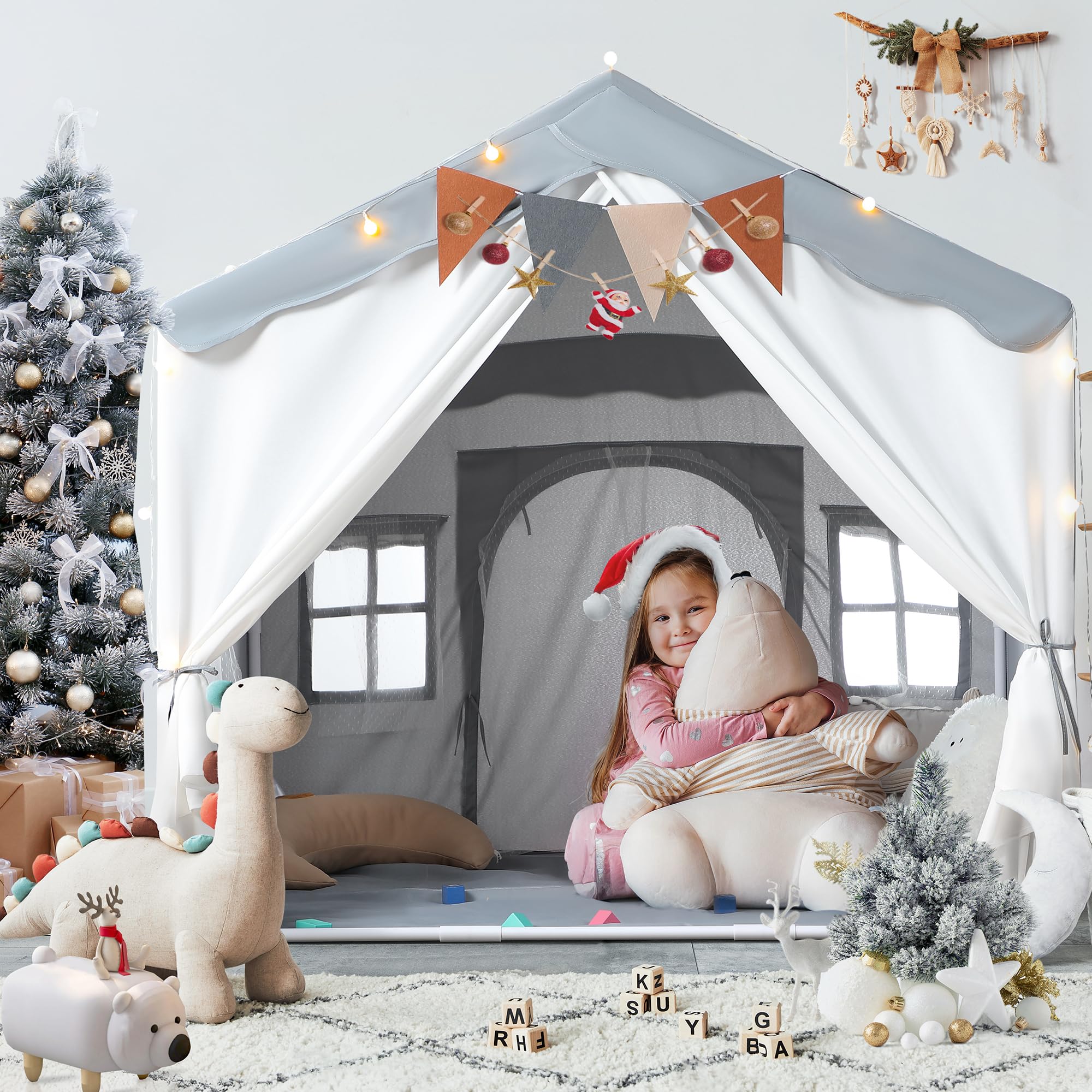 besrey Kids Tent, Kids Play Tent 2 in 1 with Padded Mat and Lights, Large Playhouse with 2 Doors & 4 Windows, Indoor & Outdoor, Halloween Toddler Playhouse, 51" x35" x 51" (Gray)