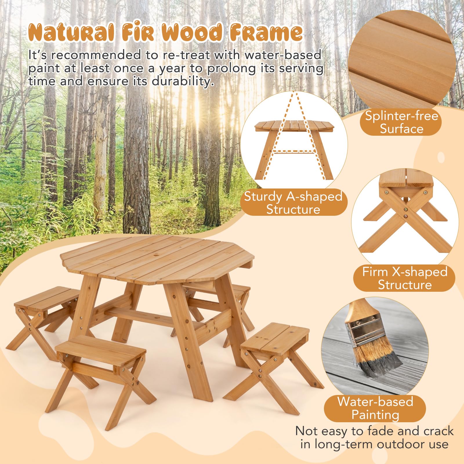 Kids Outdoor Picnic Table Set with Umbrella and 4 Stools