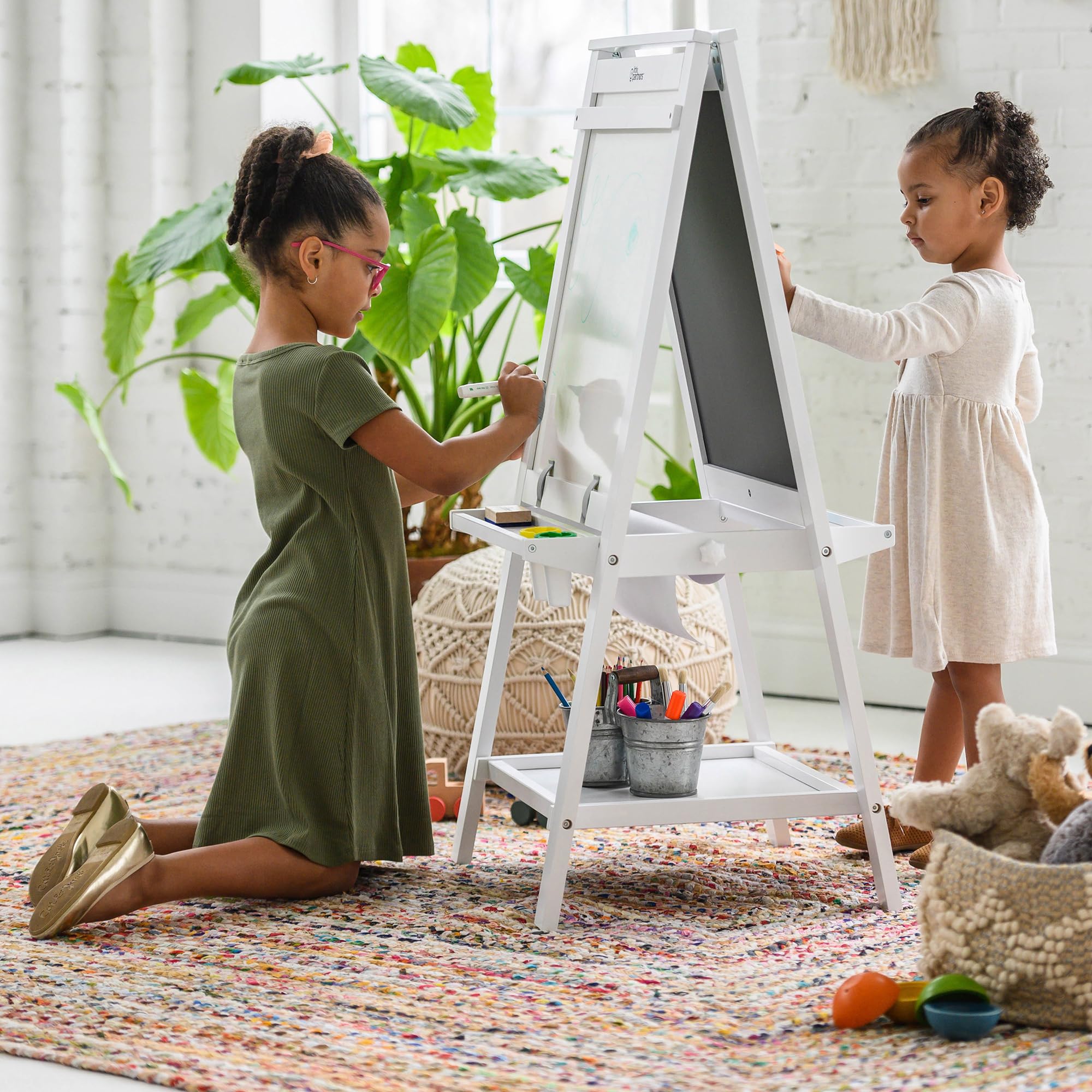 Little Partners Folding EZ Painting Easel for Kids, Dual-Sided Art Easel for Kids Art Station, Folds Flat with Chalkboard, Dry Erase Whiteboard, Paper, Eraser, Paint Cups, Shelf (Soft White)