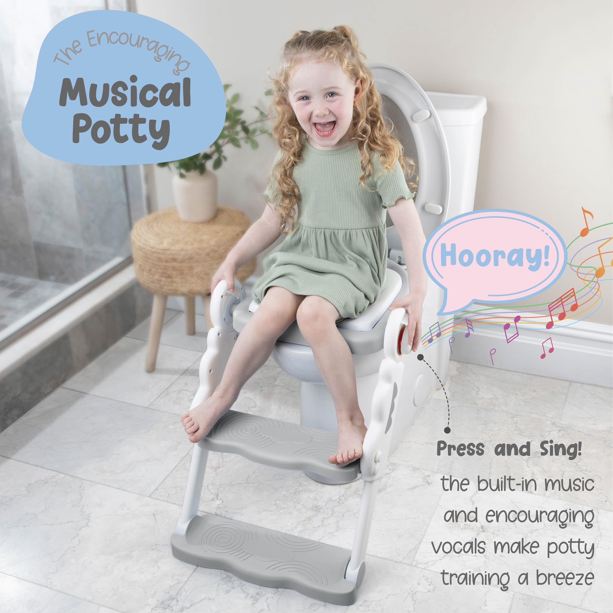 bebeleh Musical & Sound Toddler Potty Training Seat w/Step Stool Ladder - Collapsible & Adjustable Toilet, Pre Assembled Toddler Toilet Seat w/Music & Sounds - Splash Guard & Anti-Slip Steps - Gray