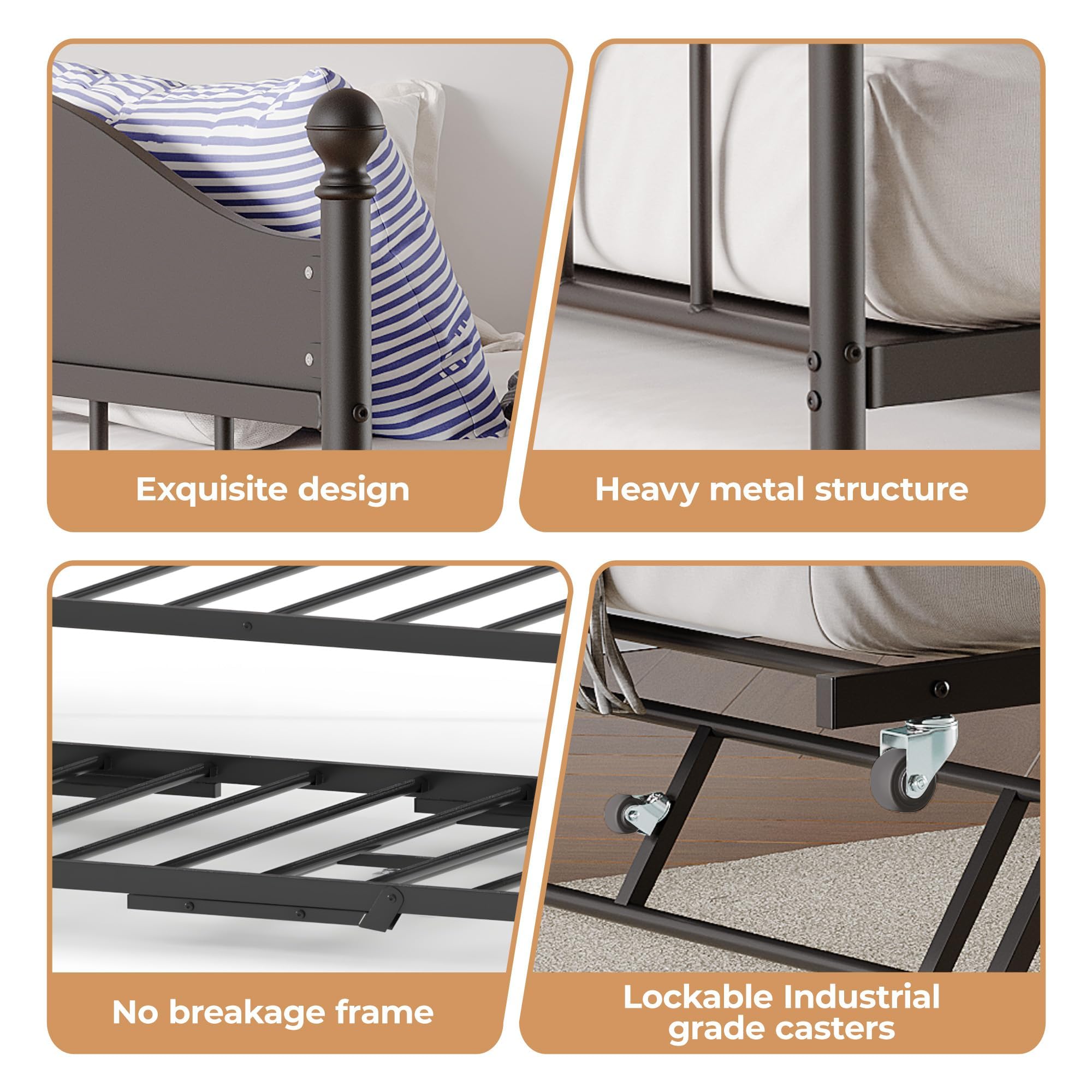 Daybed with Trundle, Metal Twin Size Day Bed with Stylish Headboard, Sofa BedFrame with Pop Up Foldable Trundle Bed, Heavy Duty Steel Slats Platform for Living Room, Bedroom and Guest Room, Black