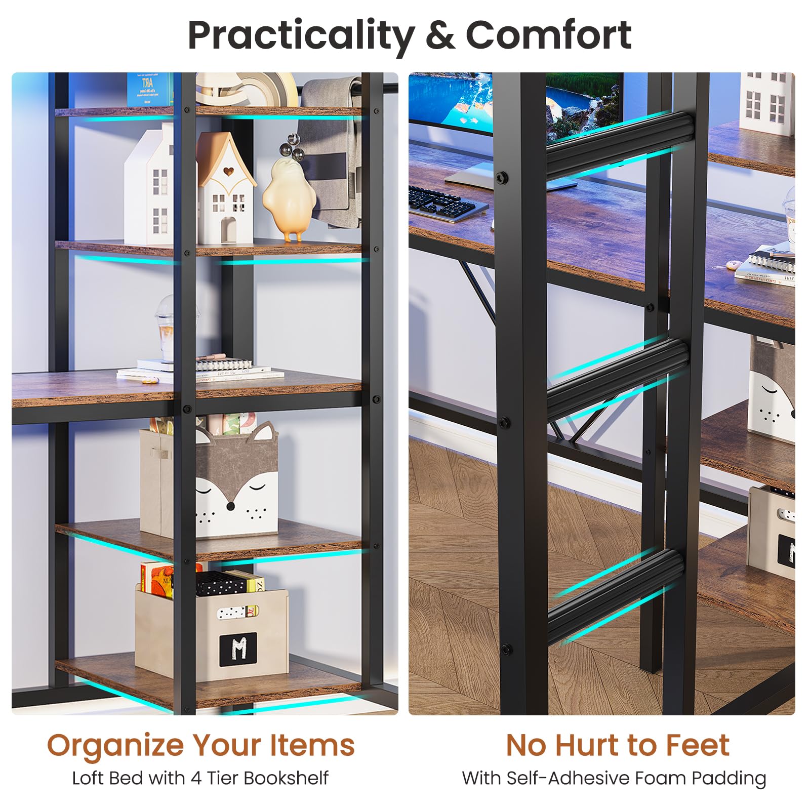 Twin Loft Bed with L-Shaped Desk and Storage Shelves