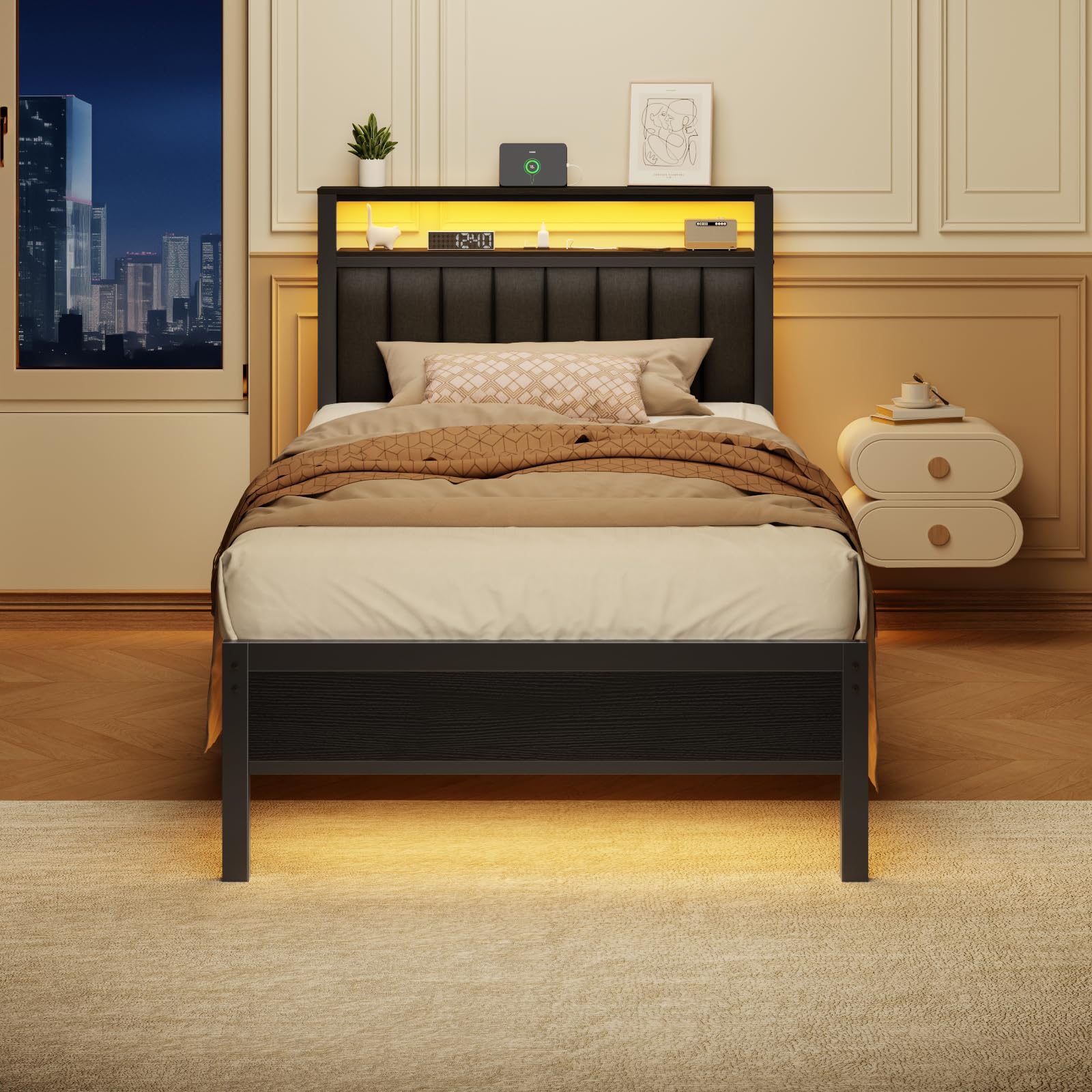 Twin Size Bed Frame with Charging Station and LED Lights