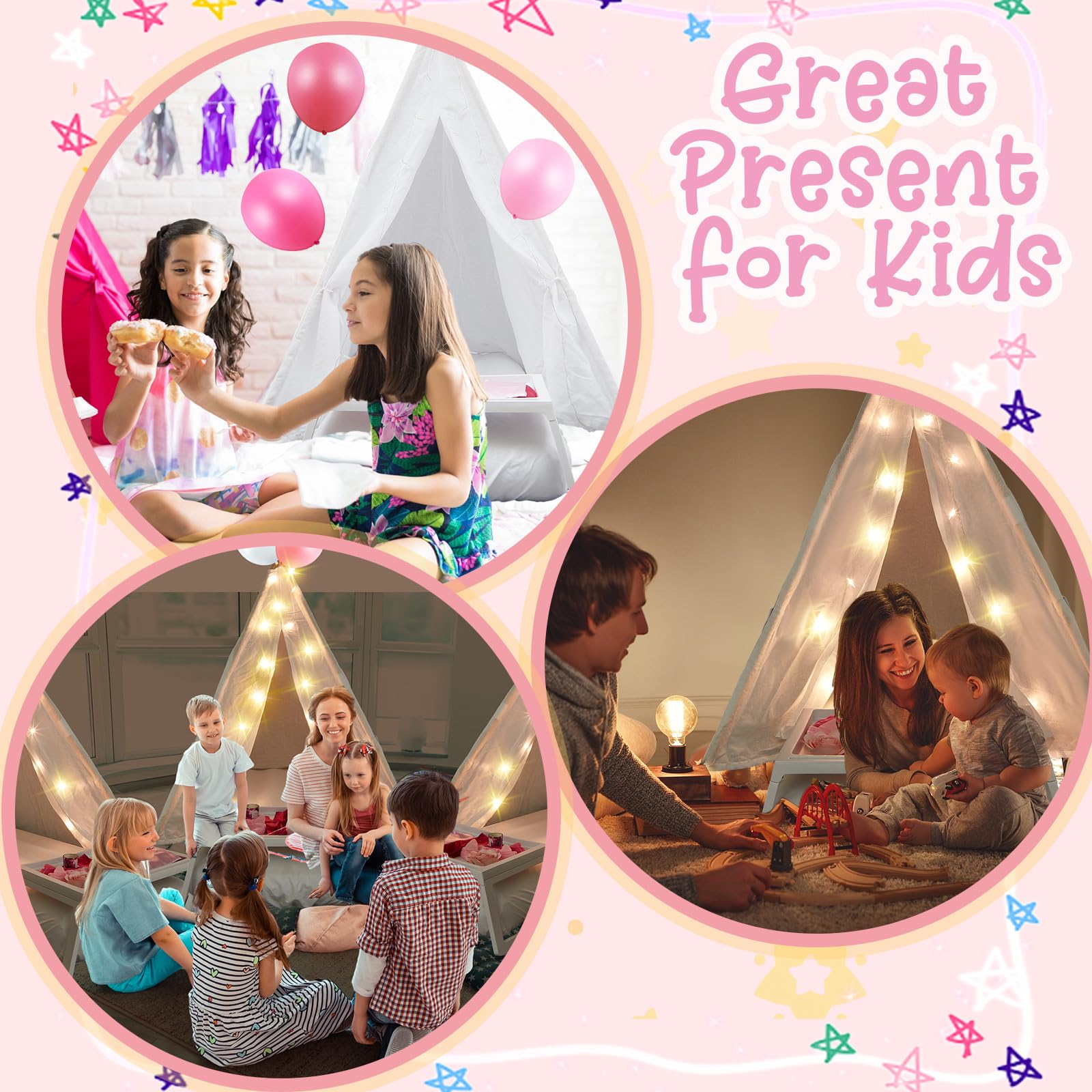 Kids Sleepover Teepee Tent Set with Air Mattress and Lights