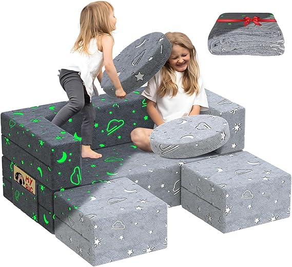 Kids Couch, 6PCS Modular Kids Play Chair with Blanket, Kid Sofa for Playroom & Indoor