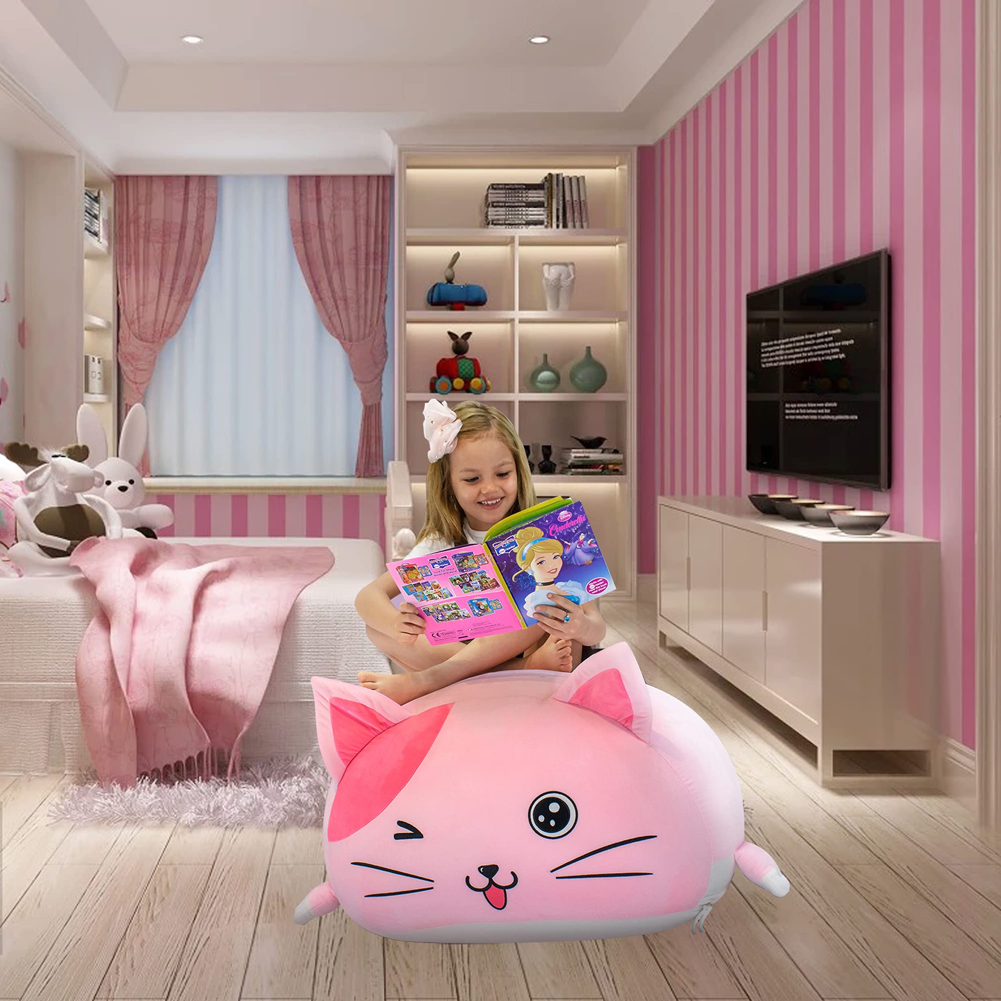 Cute Cat Bean Bag Chair for Kids, Pink Stuffed Animal Storage Beanbag