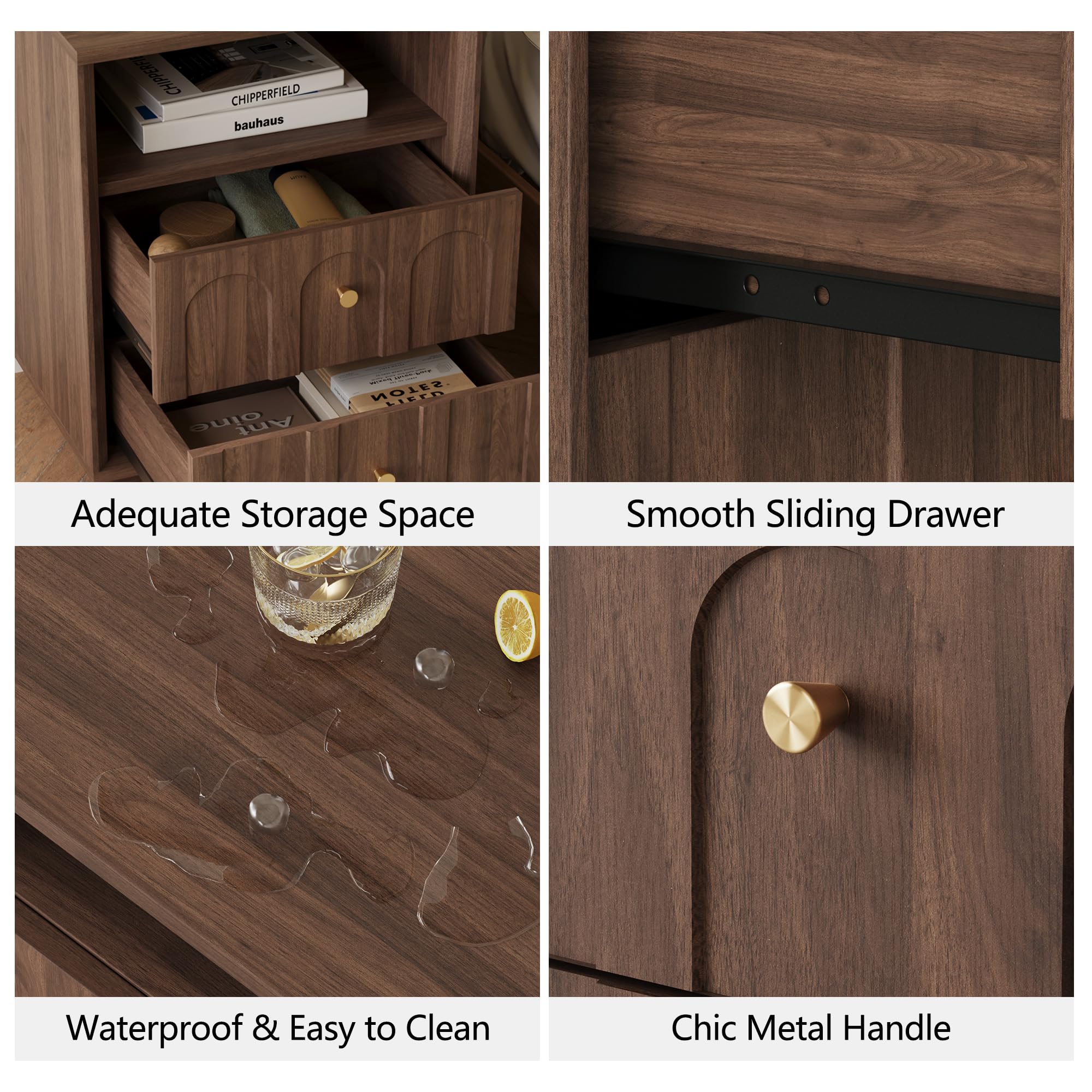 Nightstand with Charging Station, Mid Century Modern Nightstand with Arched Design, Minimalist End Table with Wood Grain Texture, Bedside Table for Bedroom Living Room Sofa Office, Walnut