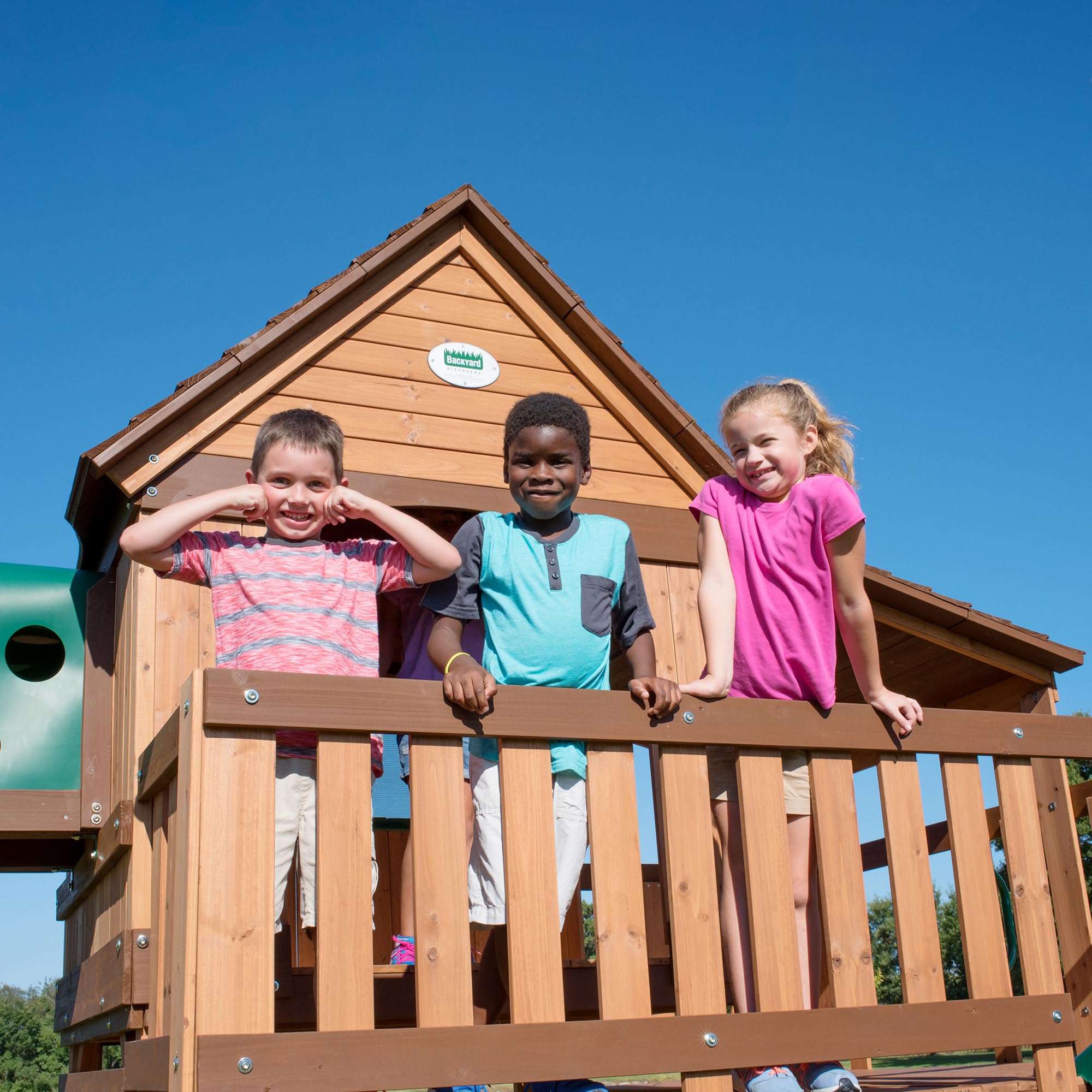 Cedar Wood Swing Set with Clubhouse, Wave Slide, and Rock Wall - Outdoor Playset
