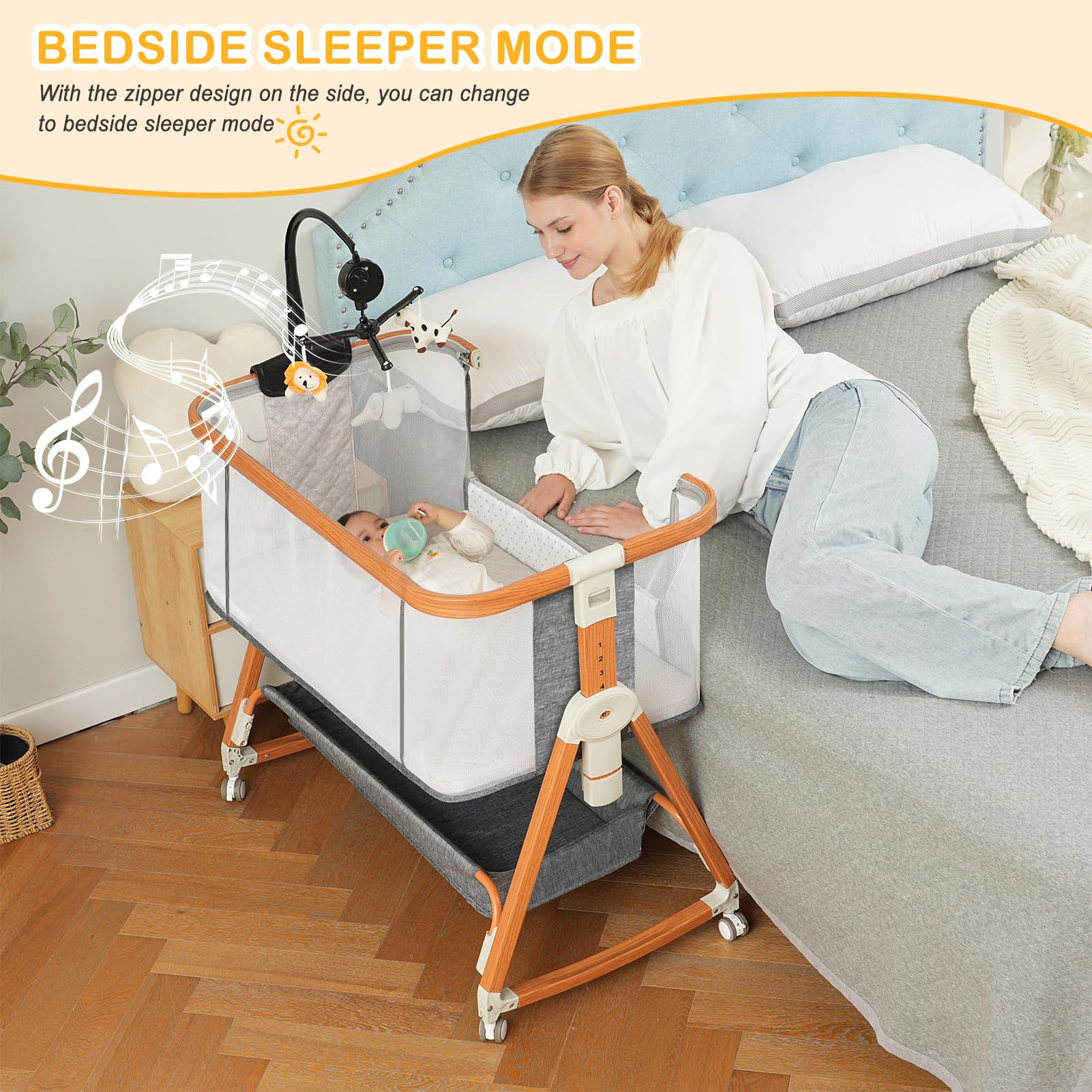 Adjustable Bedside Bassinet with Musical Toys