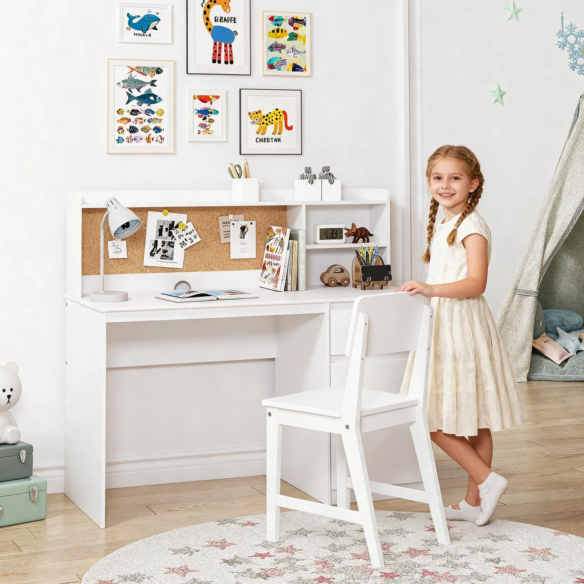 Kids Study Desk with Chair Set with Hutch and Storage